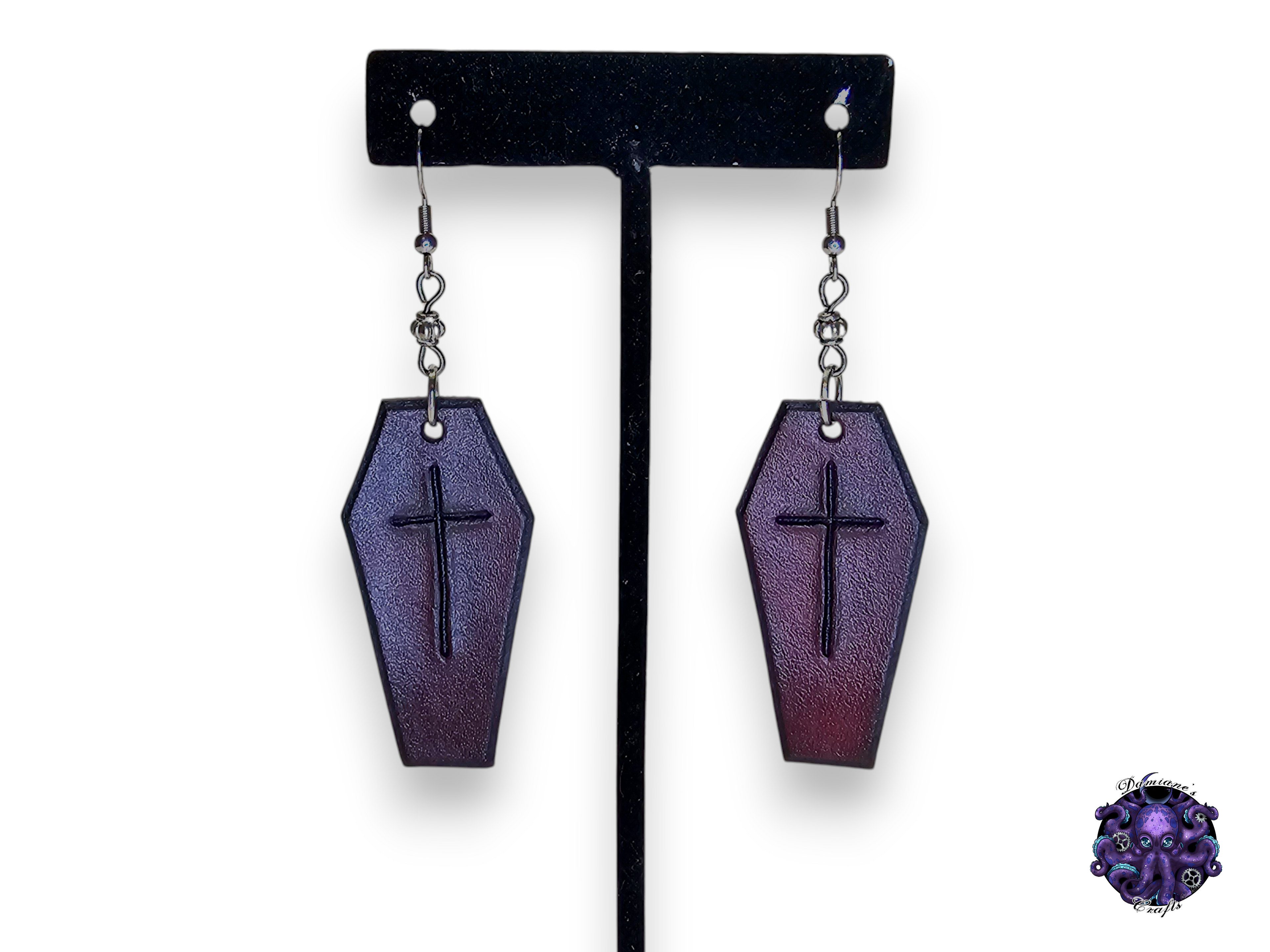 Earrings, Real leather, hook, Coffin, Cross, Vampire, Halloween, Gothic, black, dark