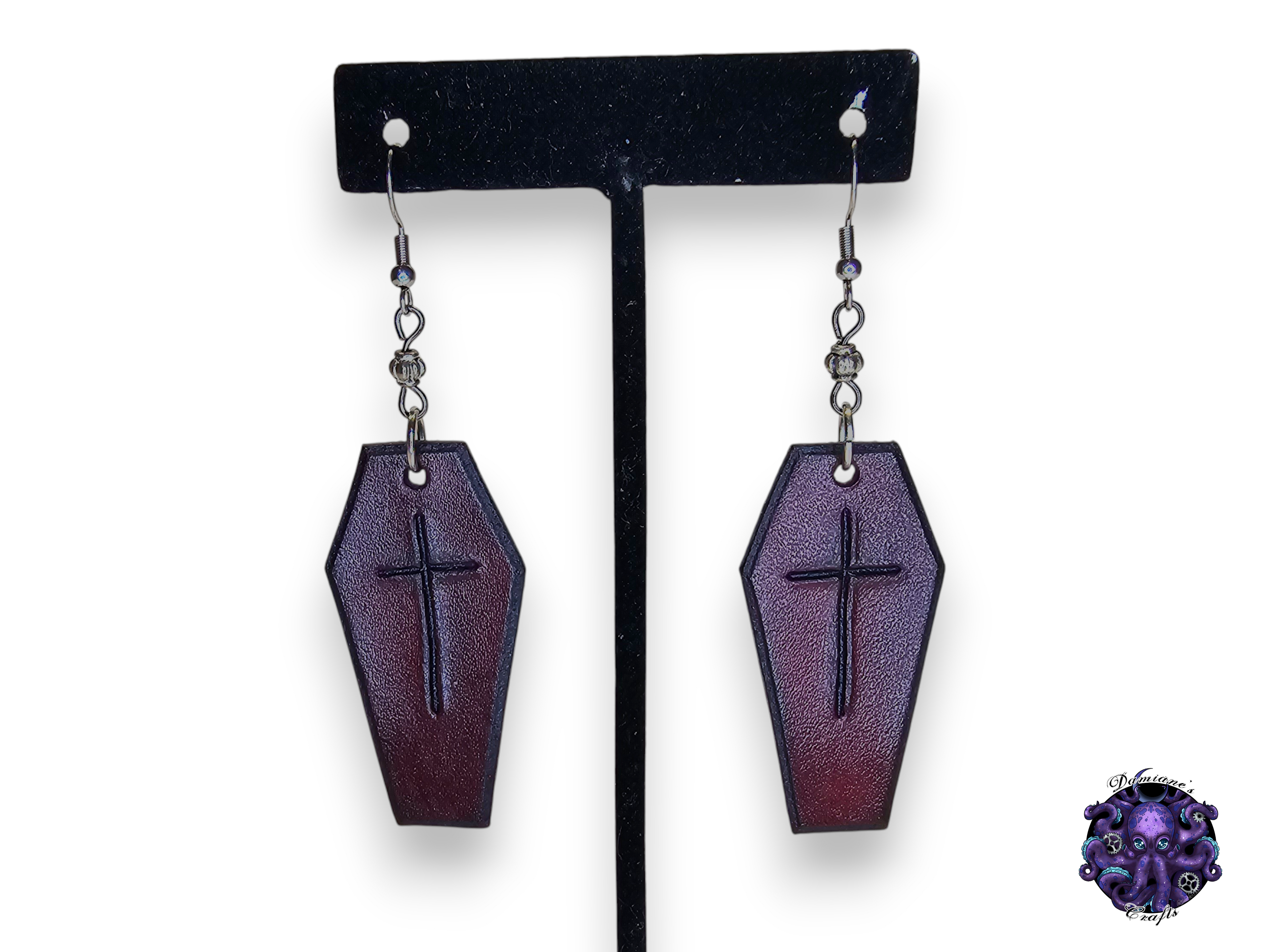 Pendientes, Cuero auténtico, Gancho, Ataúd, Cruz, Vampiro, Halloween, Gótico, Negro, Oscuro