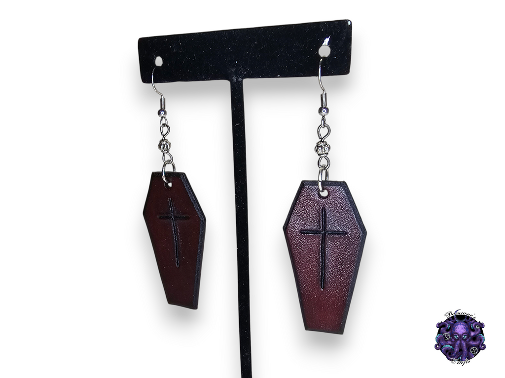 Pendientes, Cuero auténtico, Gancho, Ataúd, Cruz, Vampiro, Halloween, Gótico, Negro, Oscuro