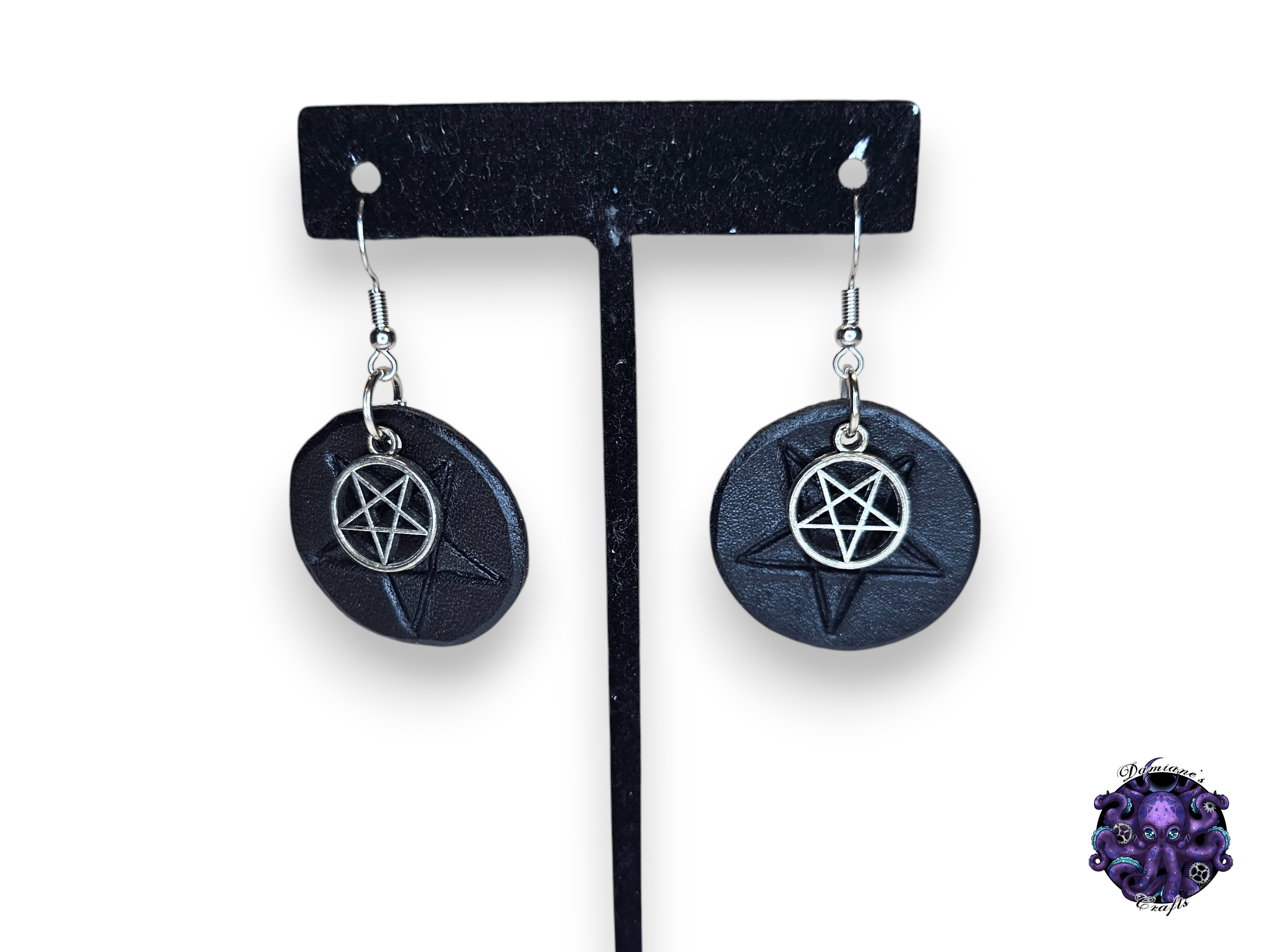 Earrings, Real leather, hook, Pentagram, Pentacle, Magic, Witch, Vampire, Halloween, Gothic, black, dark