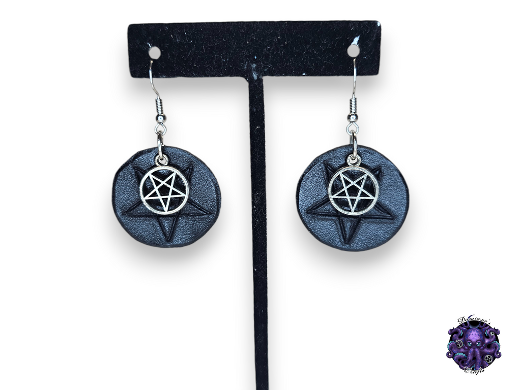 Earrings, Real leather, hook, Pentagram, Pentacle, Magic, Witch, Vampire, Halloween, Gothic, black, dark