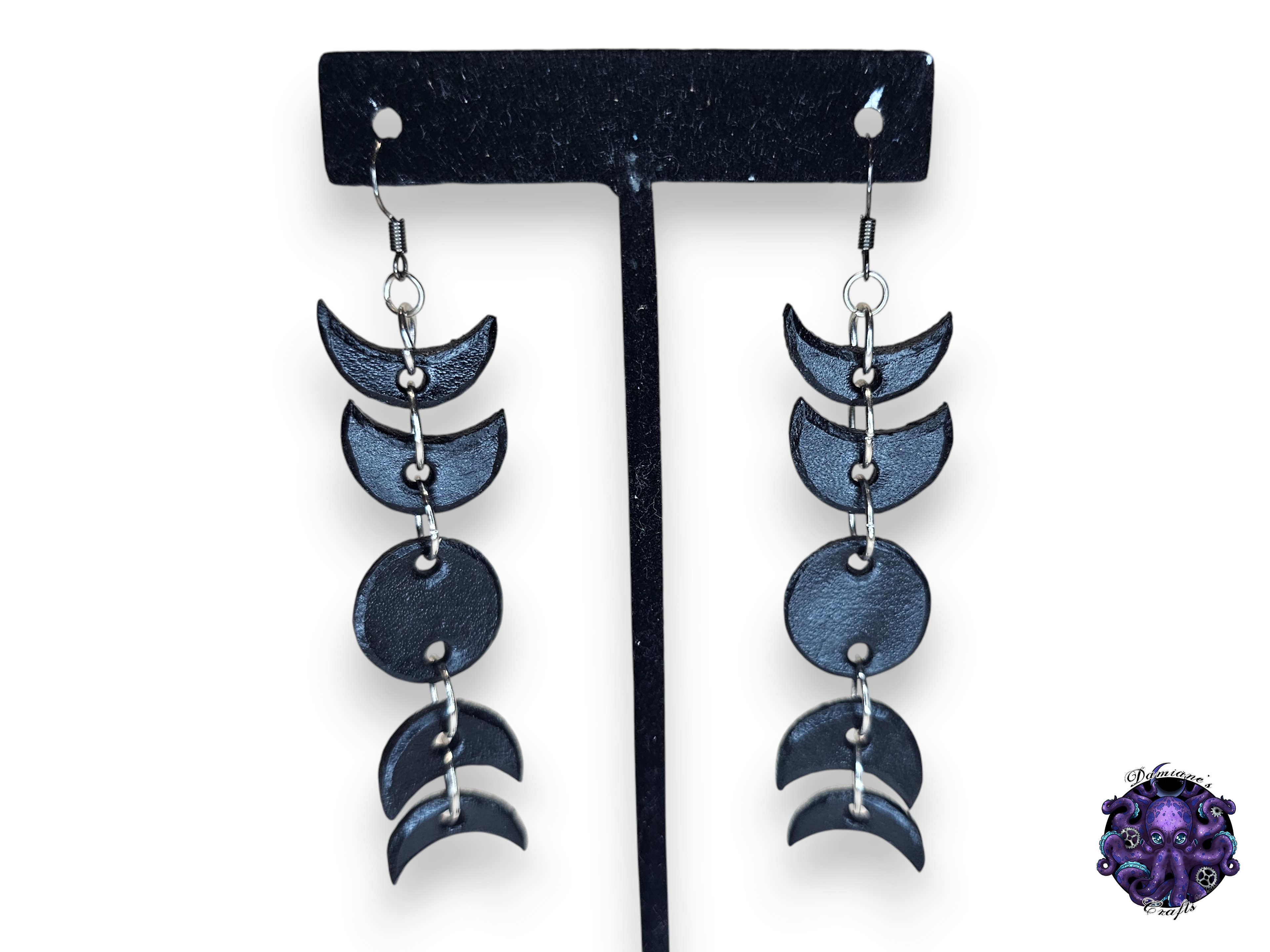 Earrings, Real leather, hook, Moon Phases, Magic, Witch, Halloween, Gothic, black, dark
