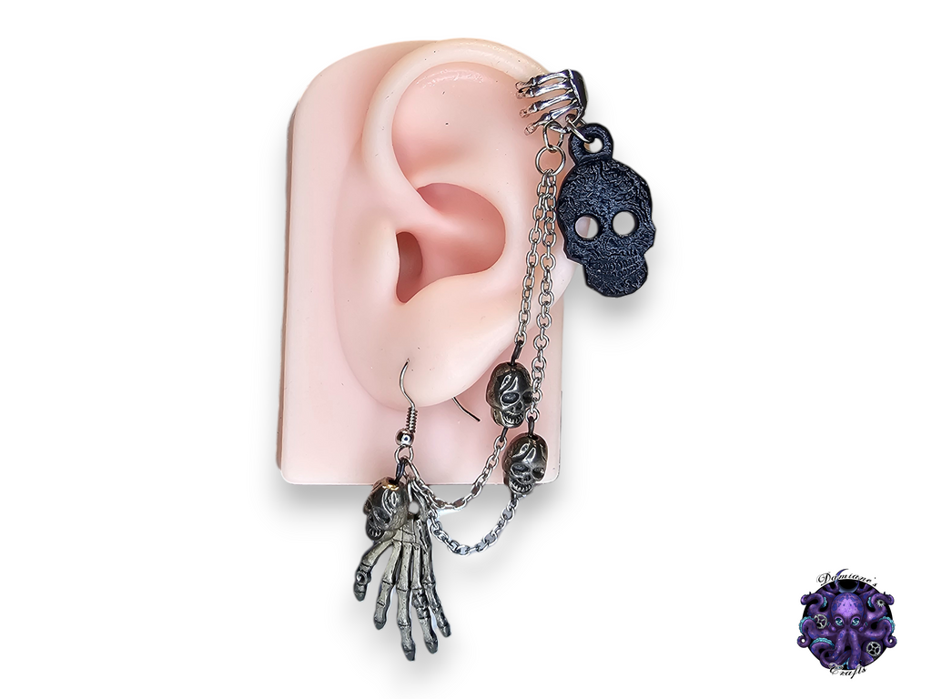 Boucle d'oreille, cuir véritable, manchette, crochet, unique, solo, têtes de mort, vampire, Halloween, gothique, noir, foncé