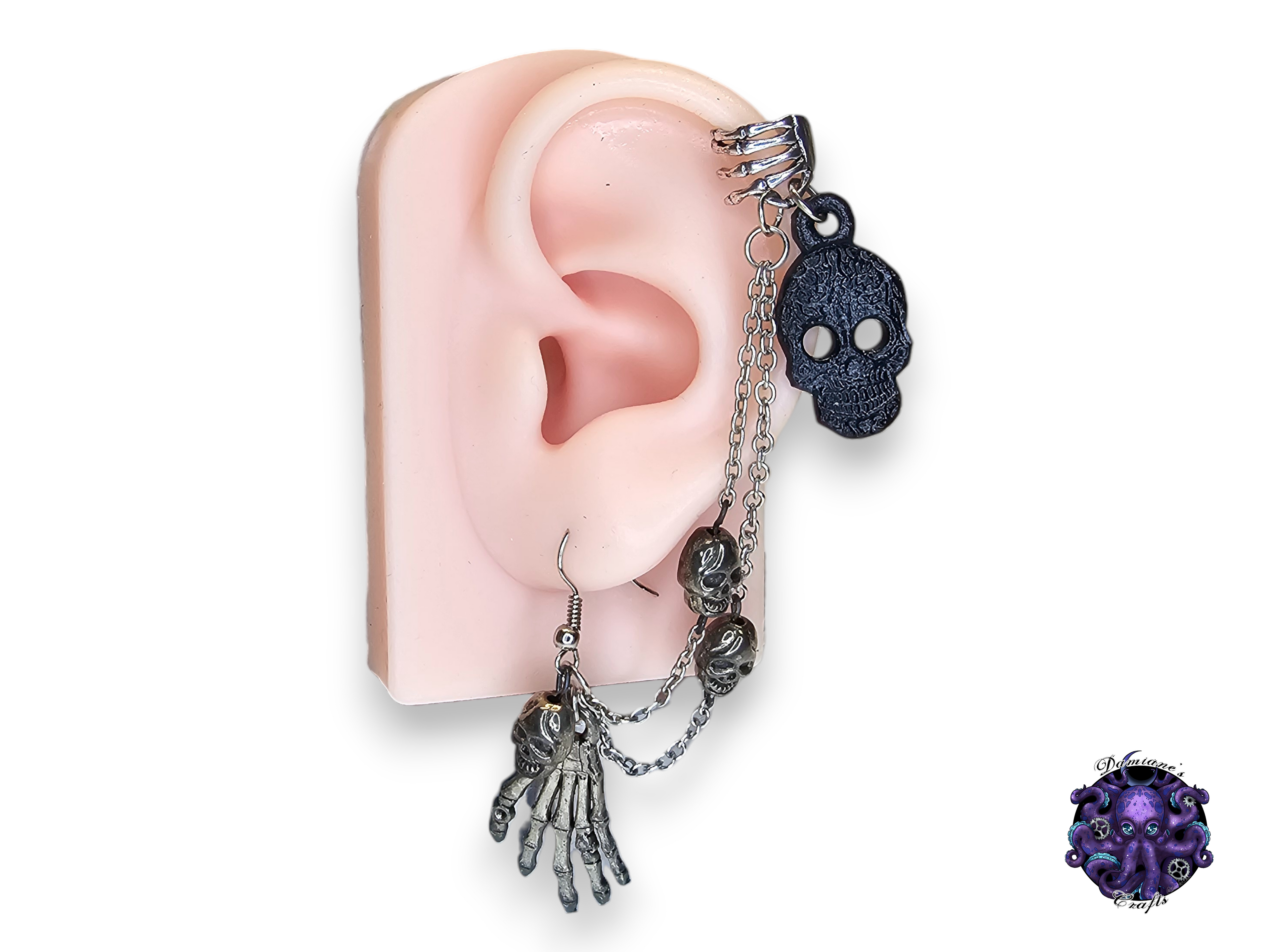 Earring, Real leather, Cuff, hook, Unique, Solo, Skulls, Vampire, Halloween, Gothic, black, dark