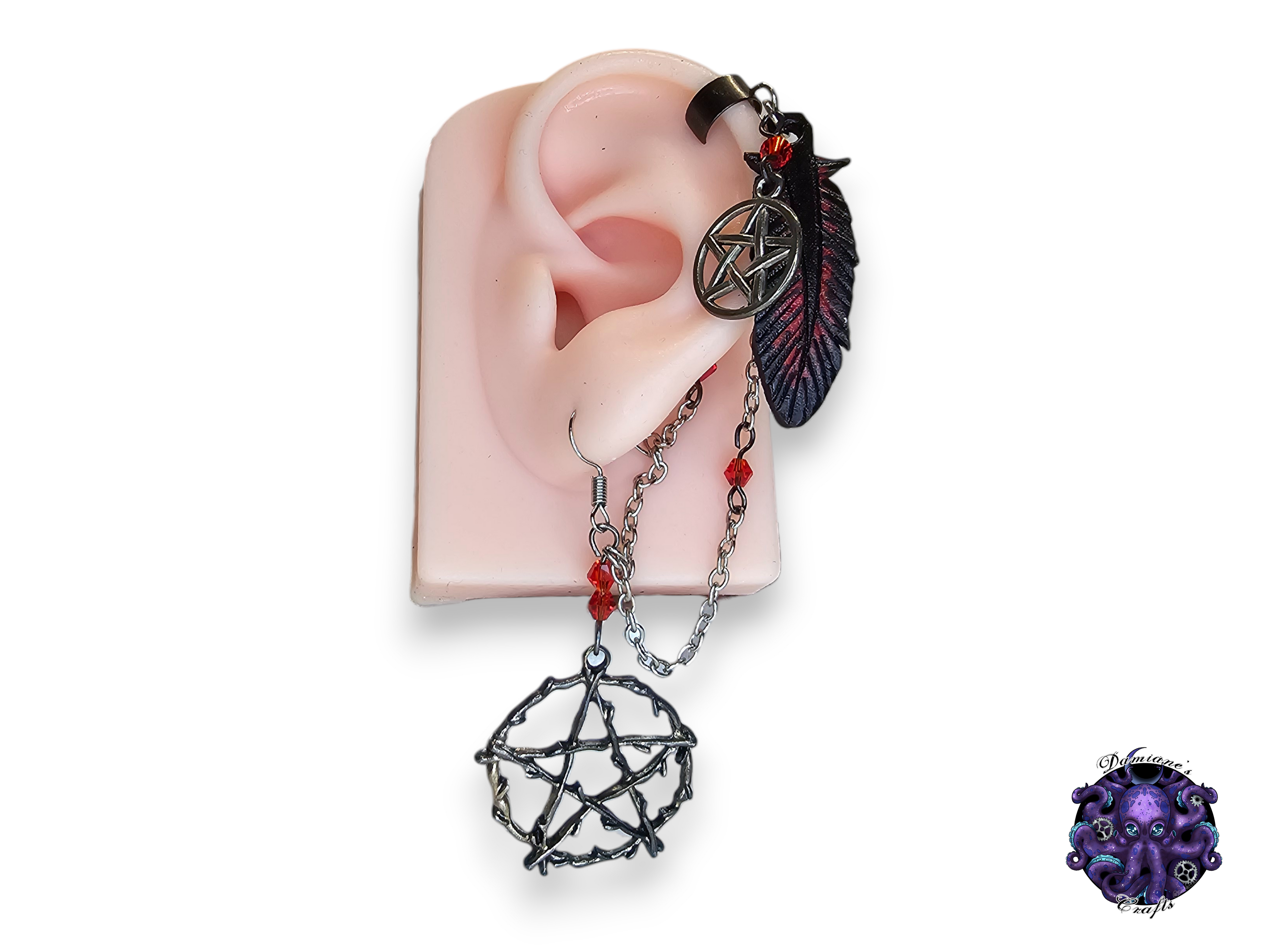 Earring, Real leather, Cuff, hook, Unique, Solo, Pentagram, Pentacle, Crow, Raven, Feather, Vampire, Witch, Magic, Halloween, Gothic, red, dark