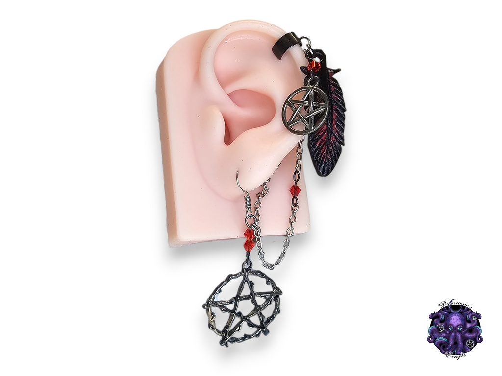 Earring, Real leather, Cuff, hook, Unique, Solo, Pentagram, Pentacle, Crow, Raven, Feather, Vampire, Witch, Magic, Halloween, Gothic, red, dark