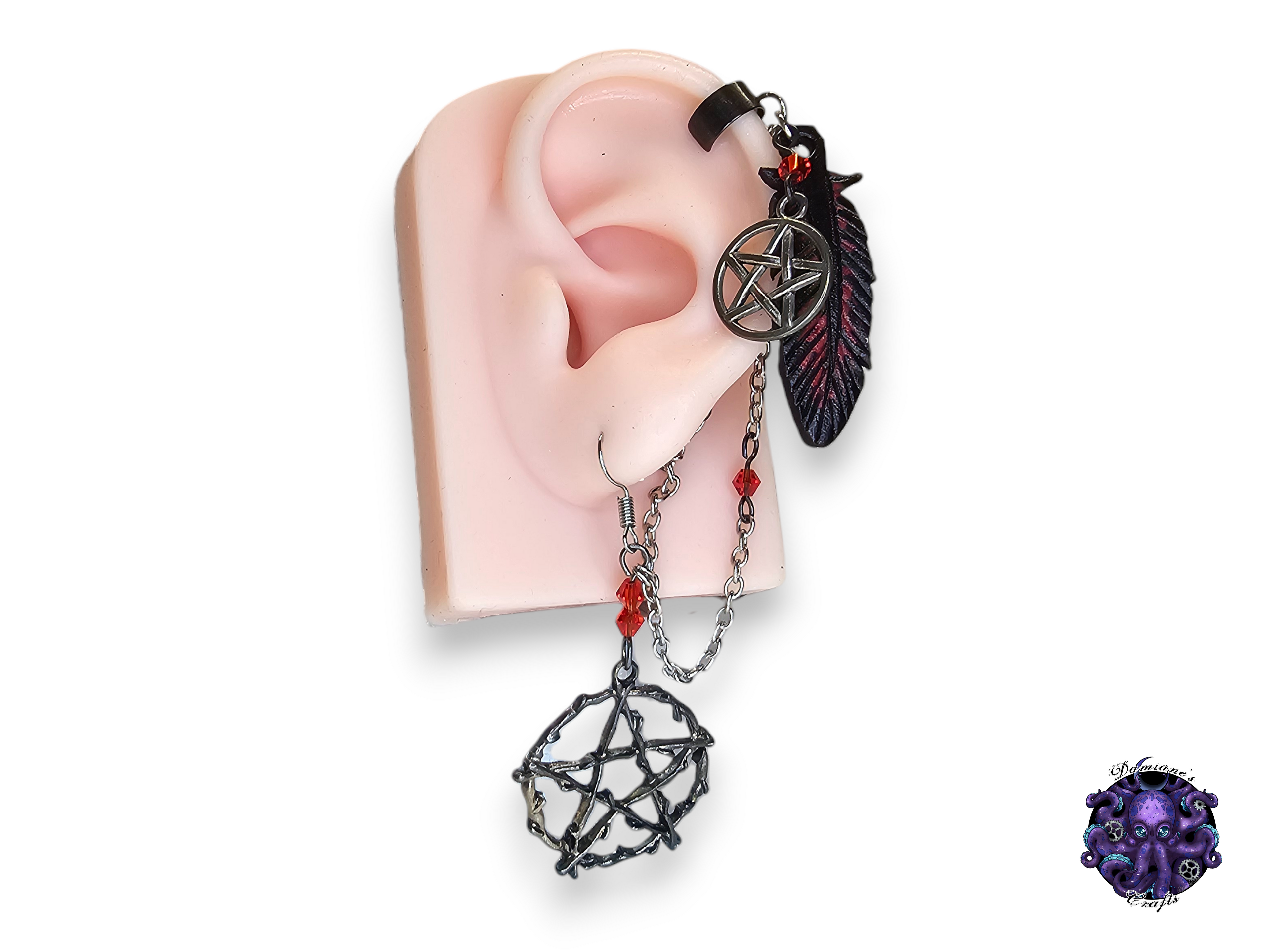 Earring, Real leather, Cuff, hook, Unique, Solo, Pentagram, Pentacle, Crow, Raven, Feather, Vampire, Witch, Magic, Halloween, Gothic, red, dark
