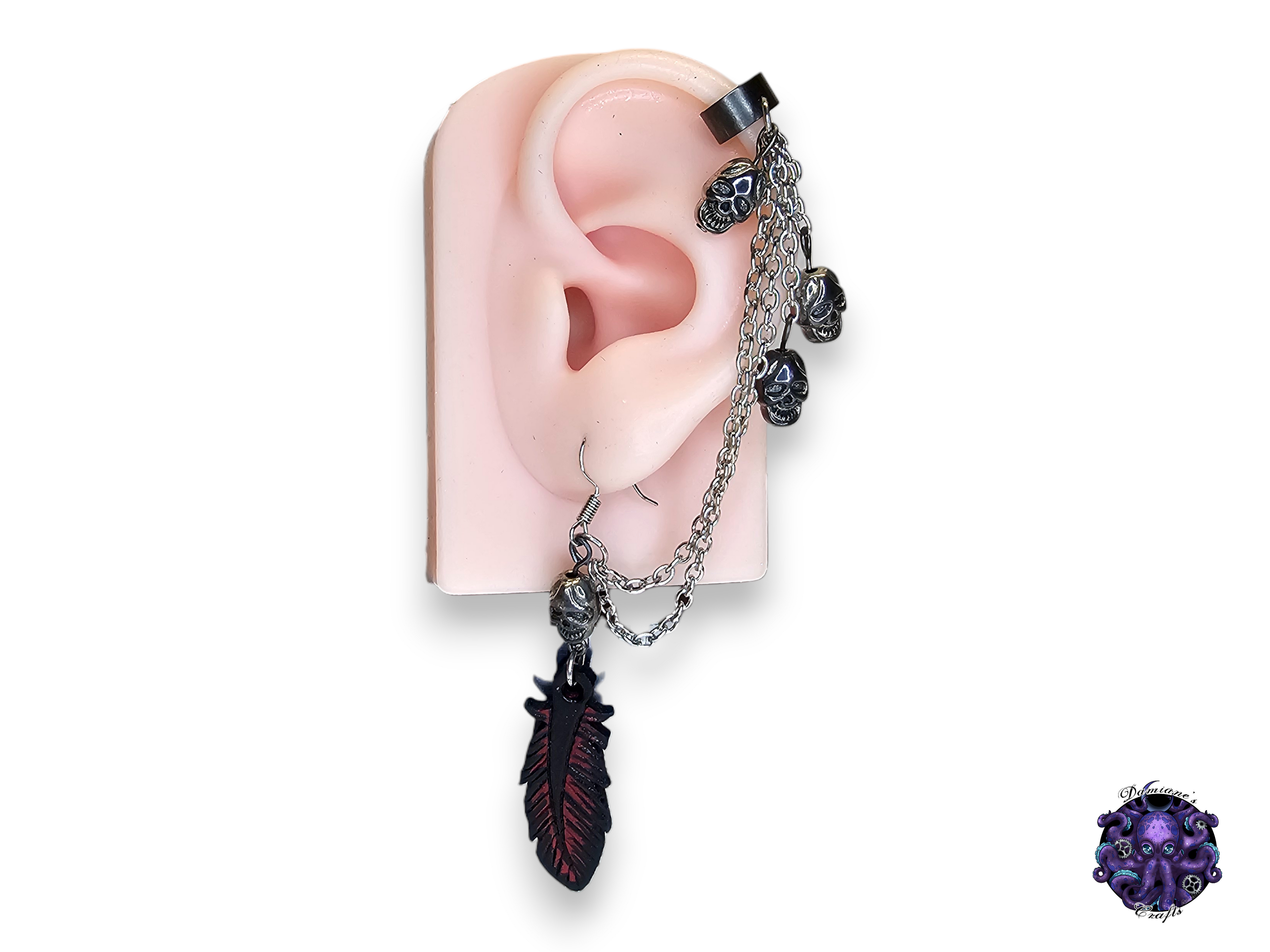 Earring, Real leather, Cuff, hook, Unique, Solo, Skulls, Raven, Crow, Feather, Vampire, Halloween, Gothic, dark