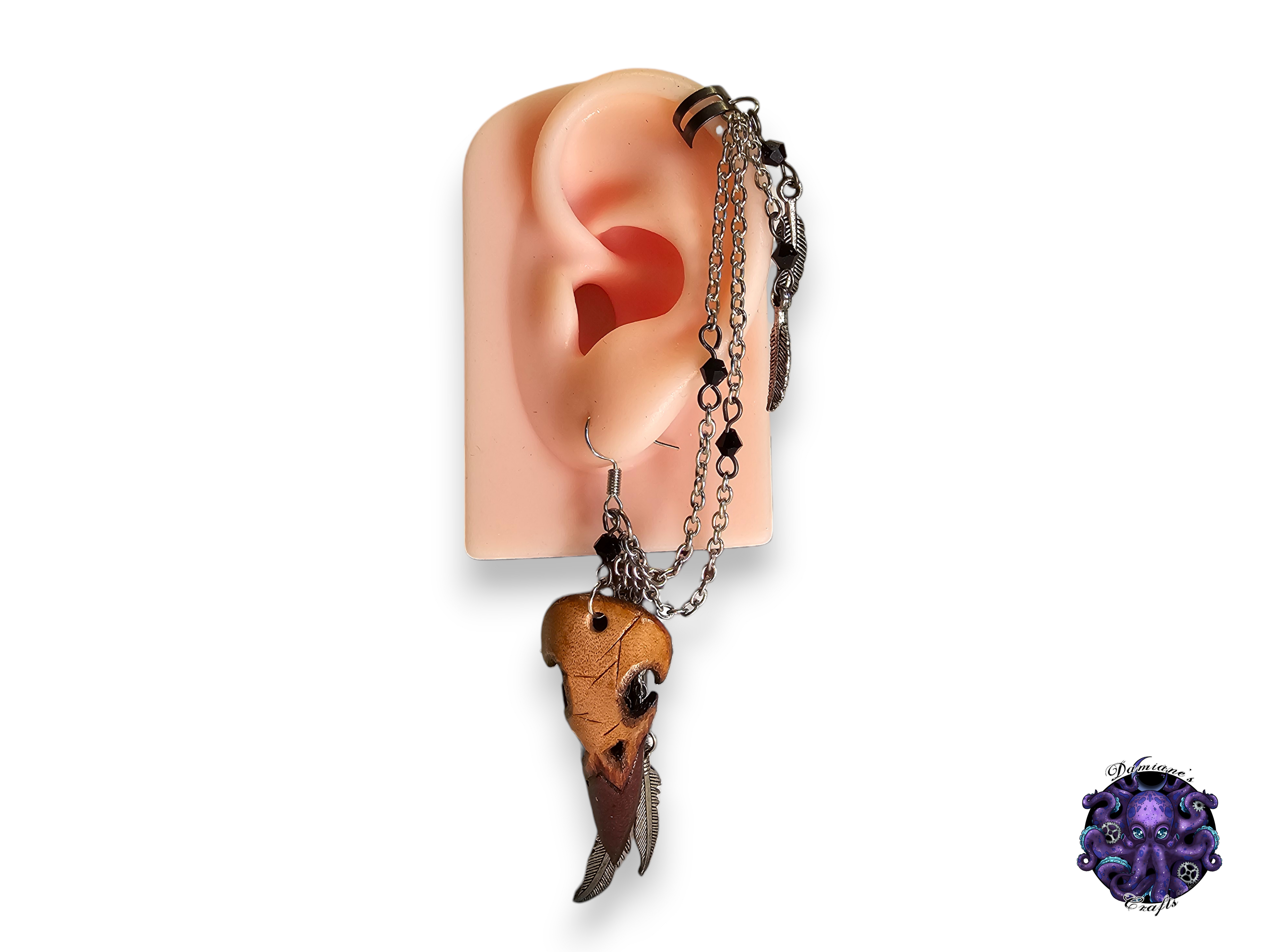 Earring, Real leather, Cuff, hook, Unique, Solo, Skull, Raven, Crow, Halloween, Gothic, Steampunk, Viking, dark