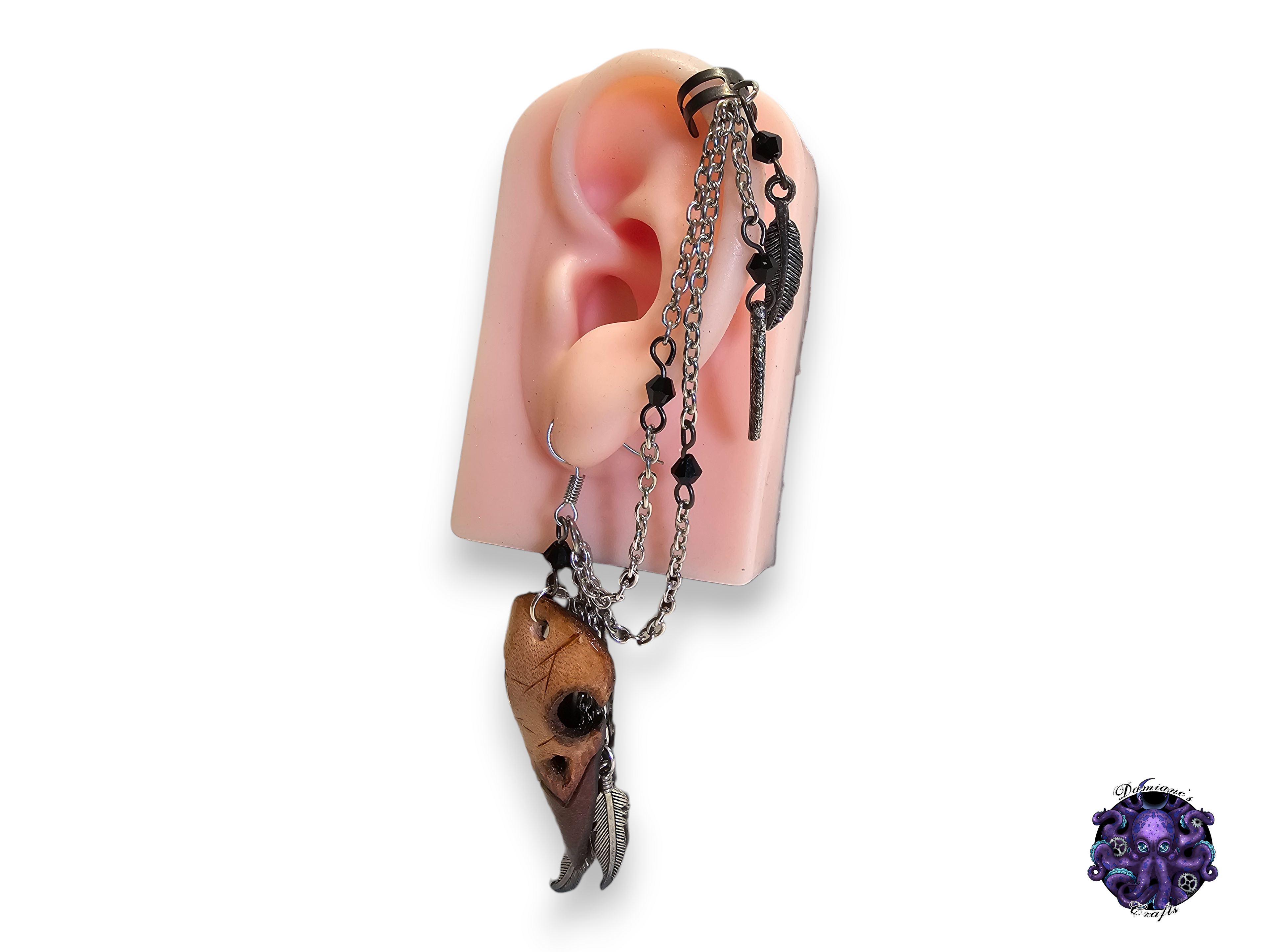 Earring, Real leather, Cuff, hook, Unique, Solo, Skull, Raven, Crow, Halloween, Gothic, Steampunk, Viking, dark