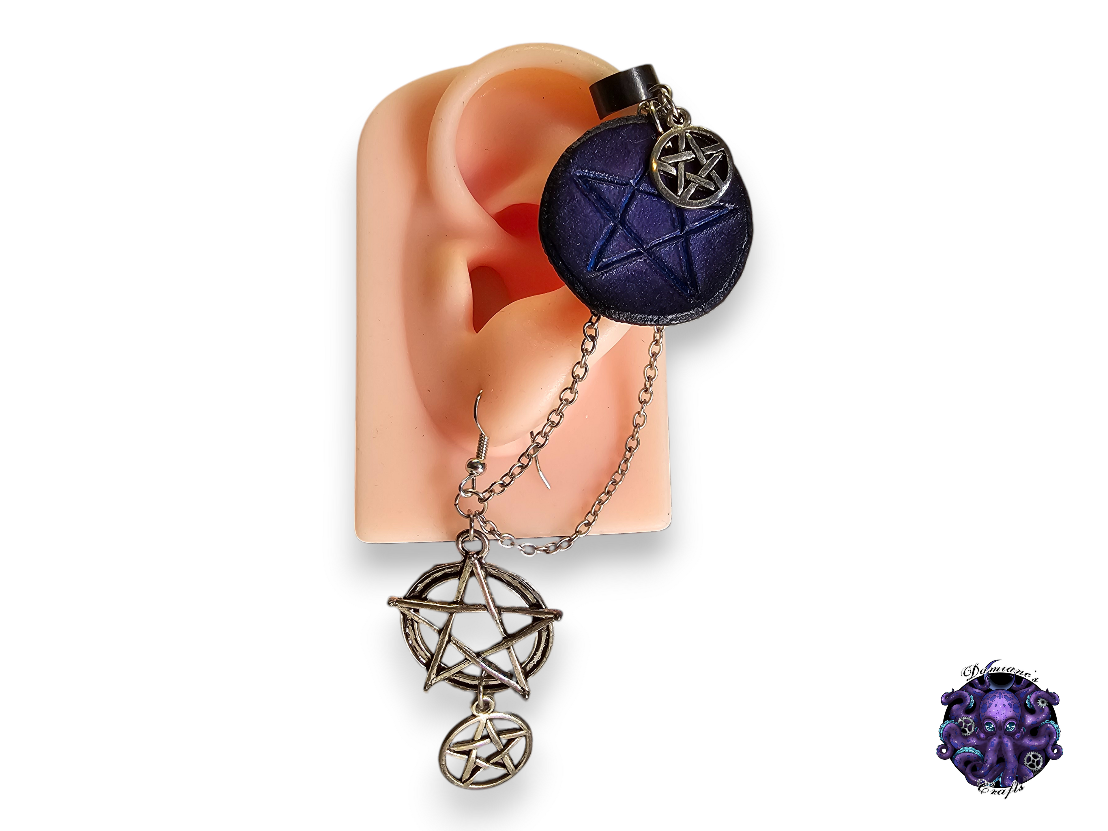Earring, Real leather, Cuff, hook, Unique, Solo, Pentagram, Pentacle, Halloween, Gothic, Purple, Pink, magic, witch, wicca, dark