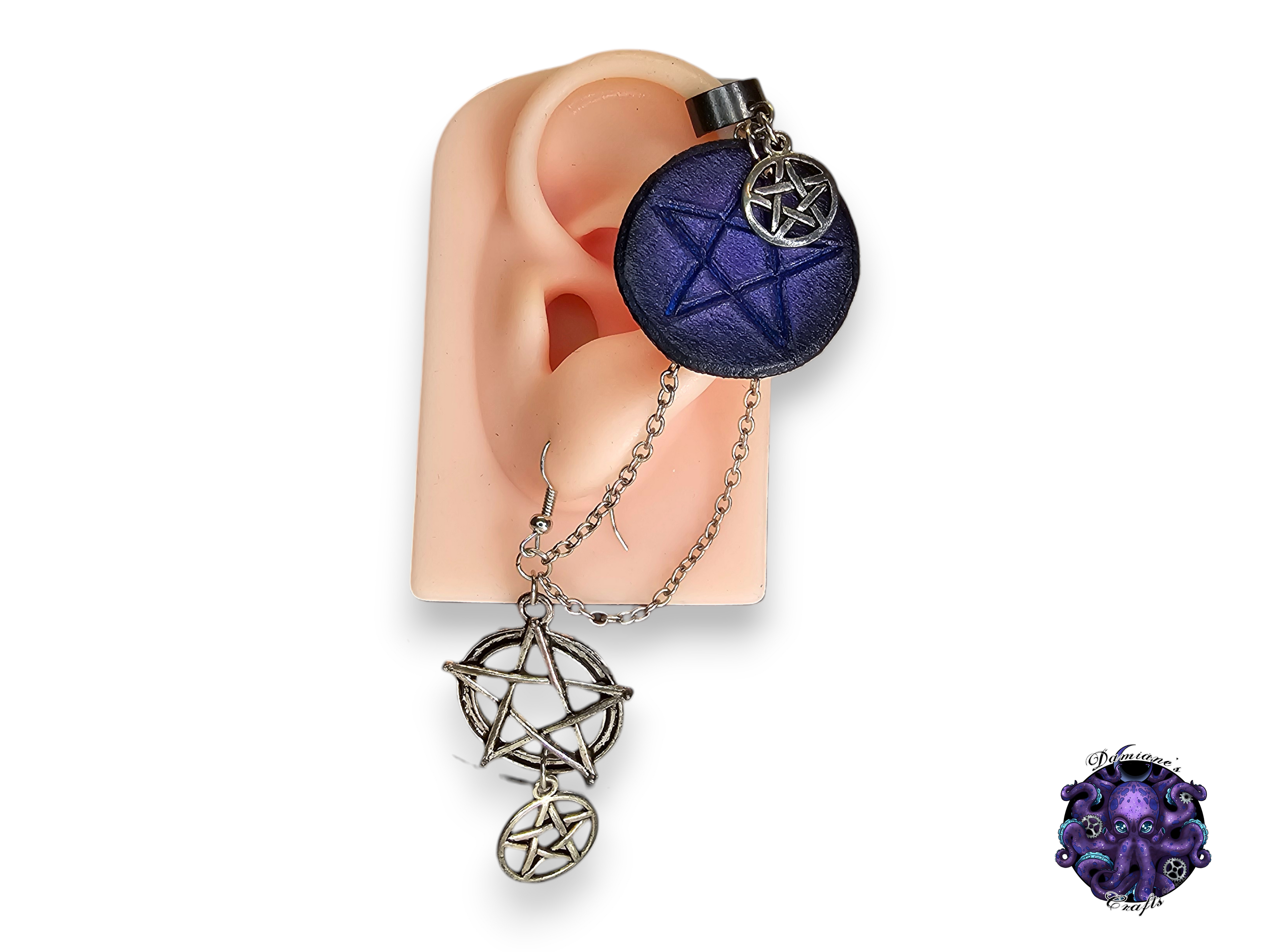 Earring, Real leather, Cuff, hook, Unique, Solo, Pentagram, Pentacle, Halloween, Gothic, Purple, Pink, magic, witch, wicca, dark