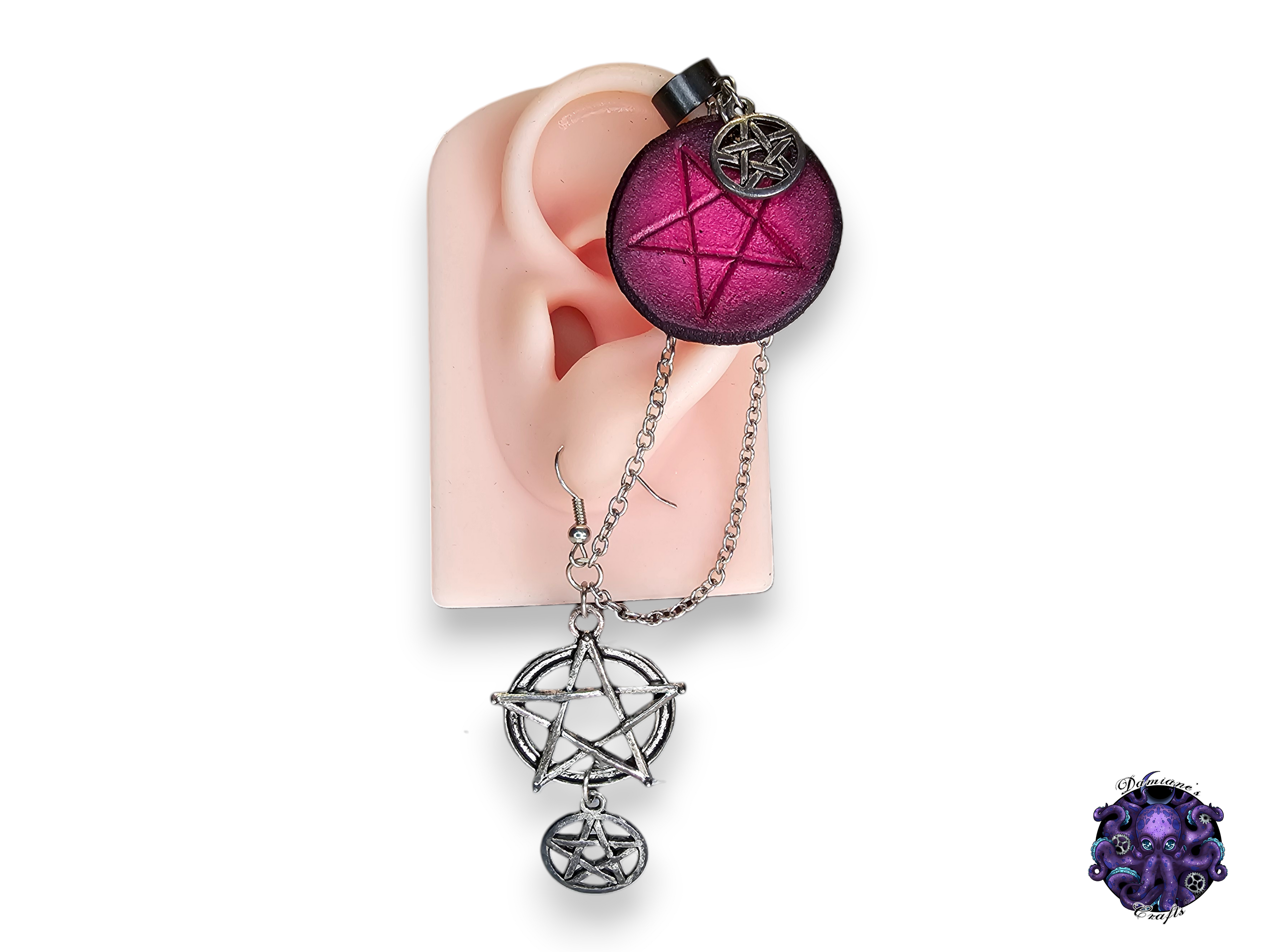 Earring, Real leather, Cuff, hook, Unique, Solo, Pentagram, Pentacle, Halloween, Gothic, Purple, Pink, magic, witch, wicca, dark