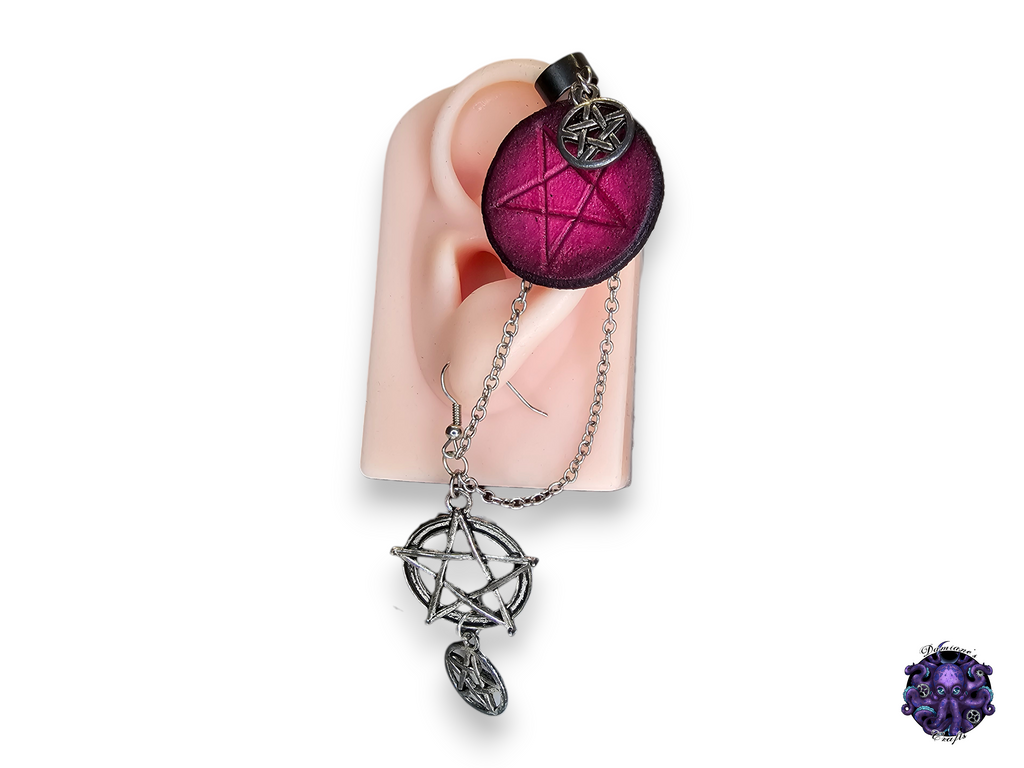Earring, Real leather, Cuff, hook, Unique, Solo, Pentagram, Pentacle, Halloween, Gothic, Purple, Pink, magic, witch, wicca, dark