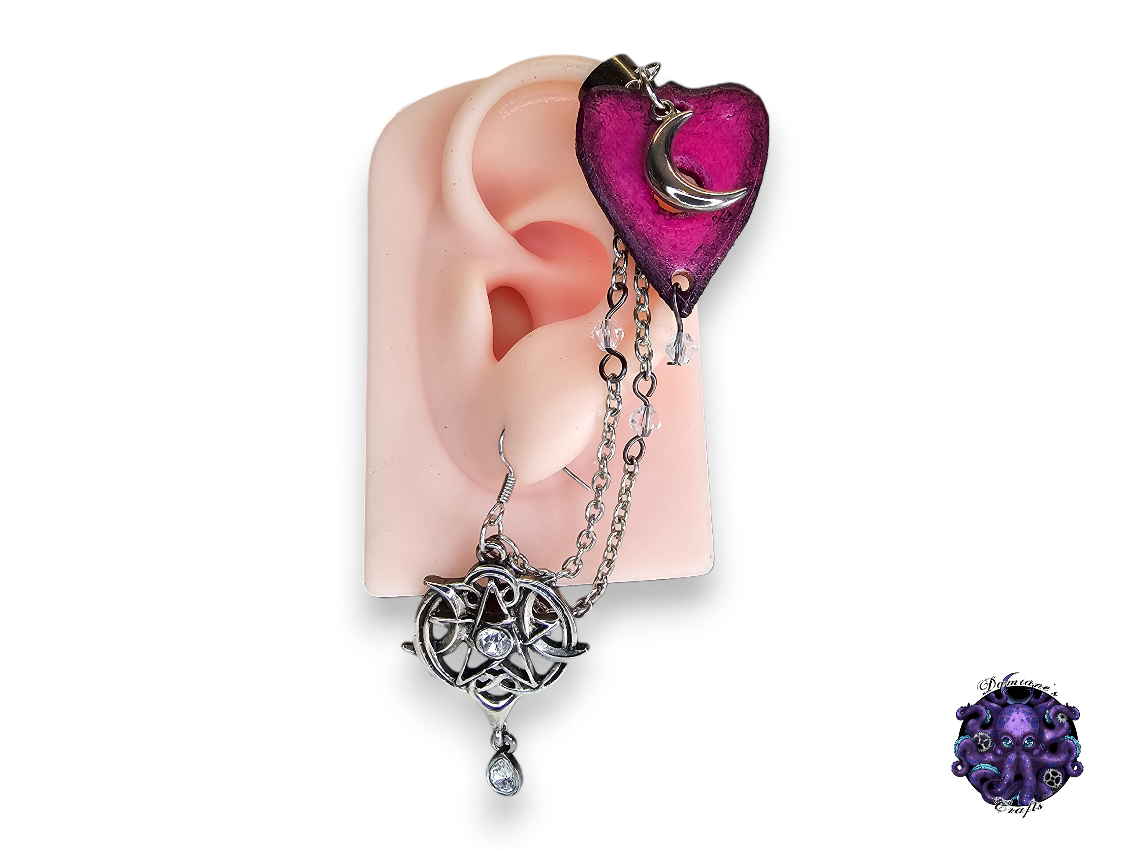 Earring, Real leather, Cuff, hook, Unique, Solo, Ouija planchette, crescent moon, Halloween, Gothic, Pink, magic, witch, wicca, dark