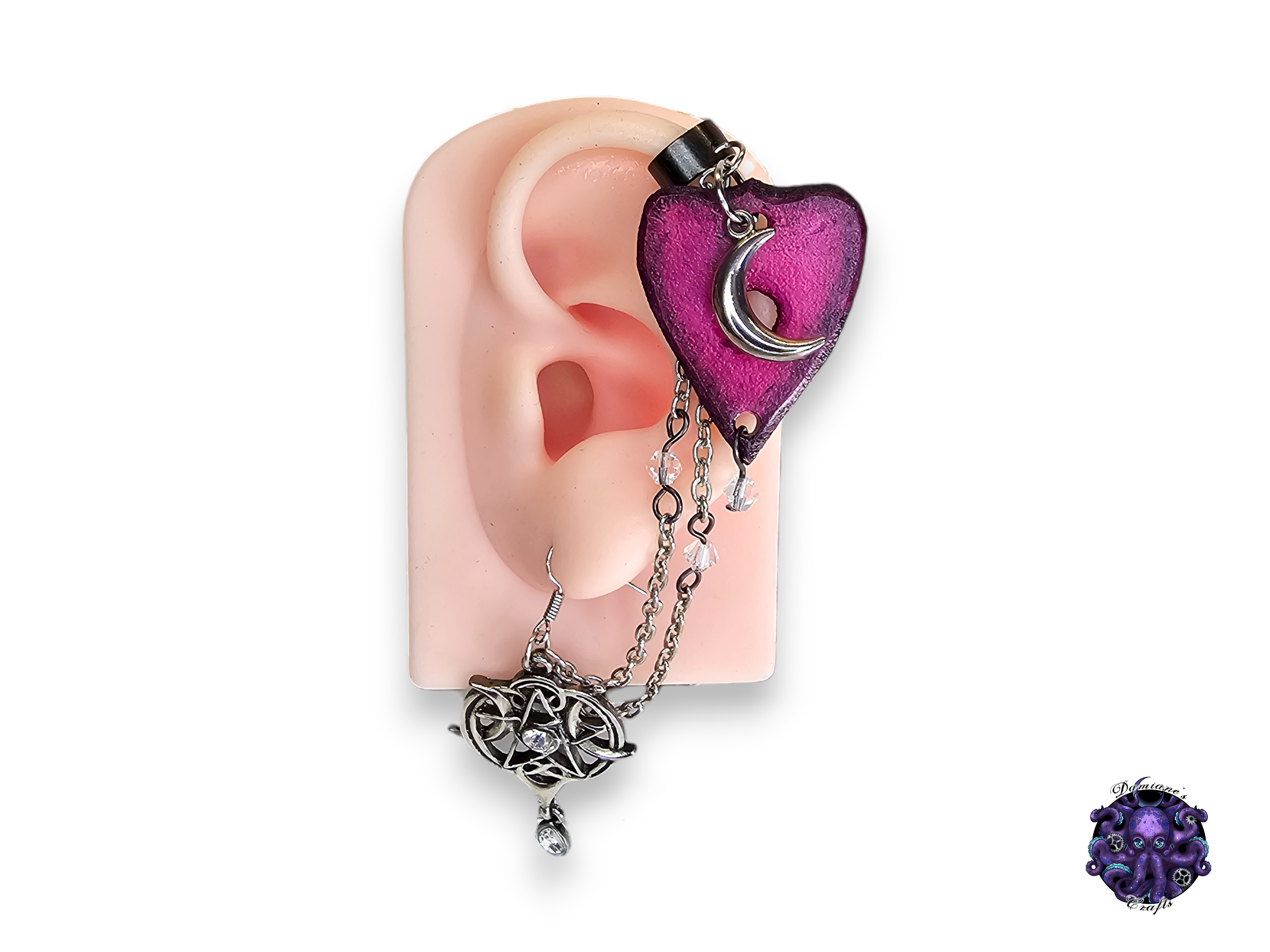 Earring, Real leather, Cuff, hook, Unique, Solo, Ouija planchette, crescent moon, Halloween, Gothic, Pink, magic, witch, wicca, dark