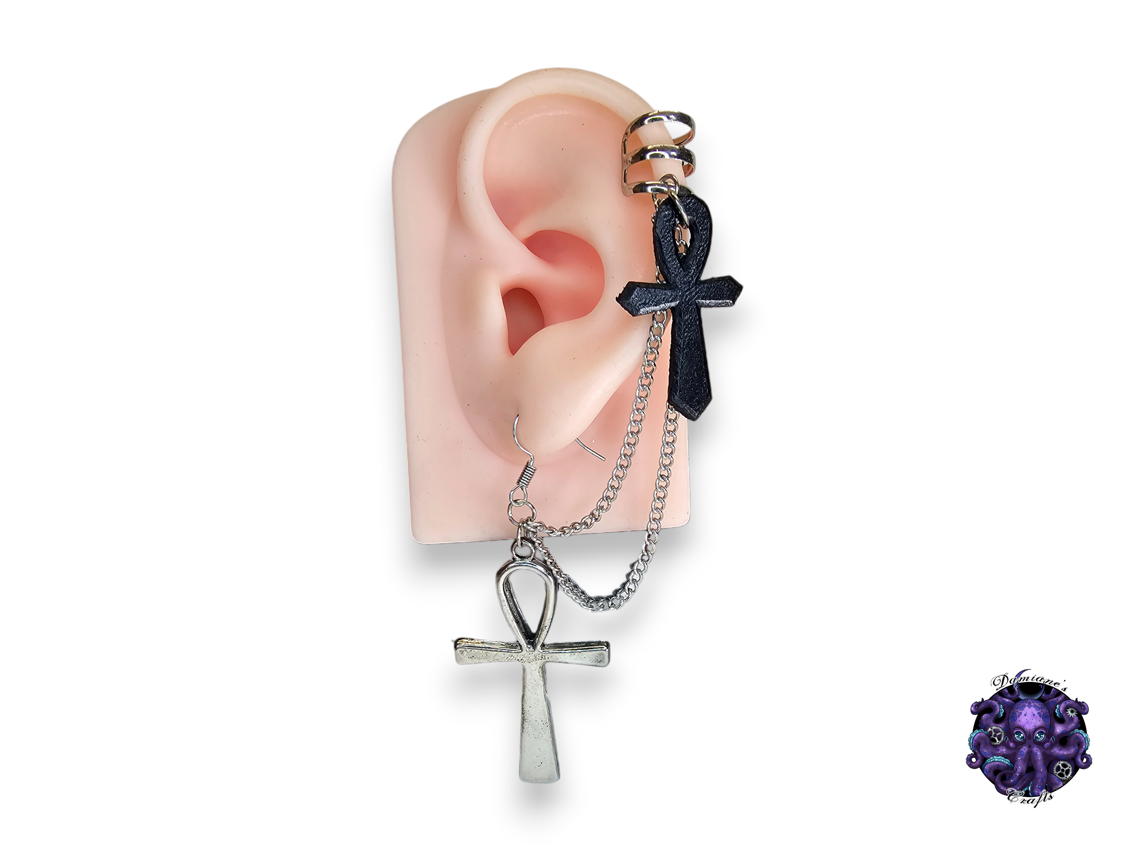 Earring, Real leather, Cuff, hook, Unique, Solo, Ankh, Egyptian, Halloween, Gothic, black, magic, witch, wicca, dark, vampire