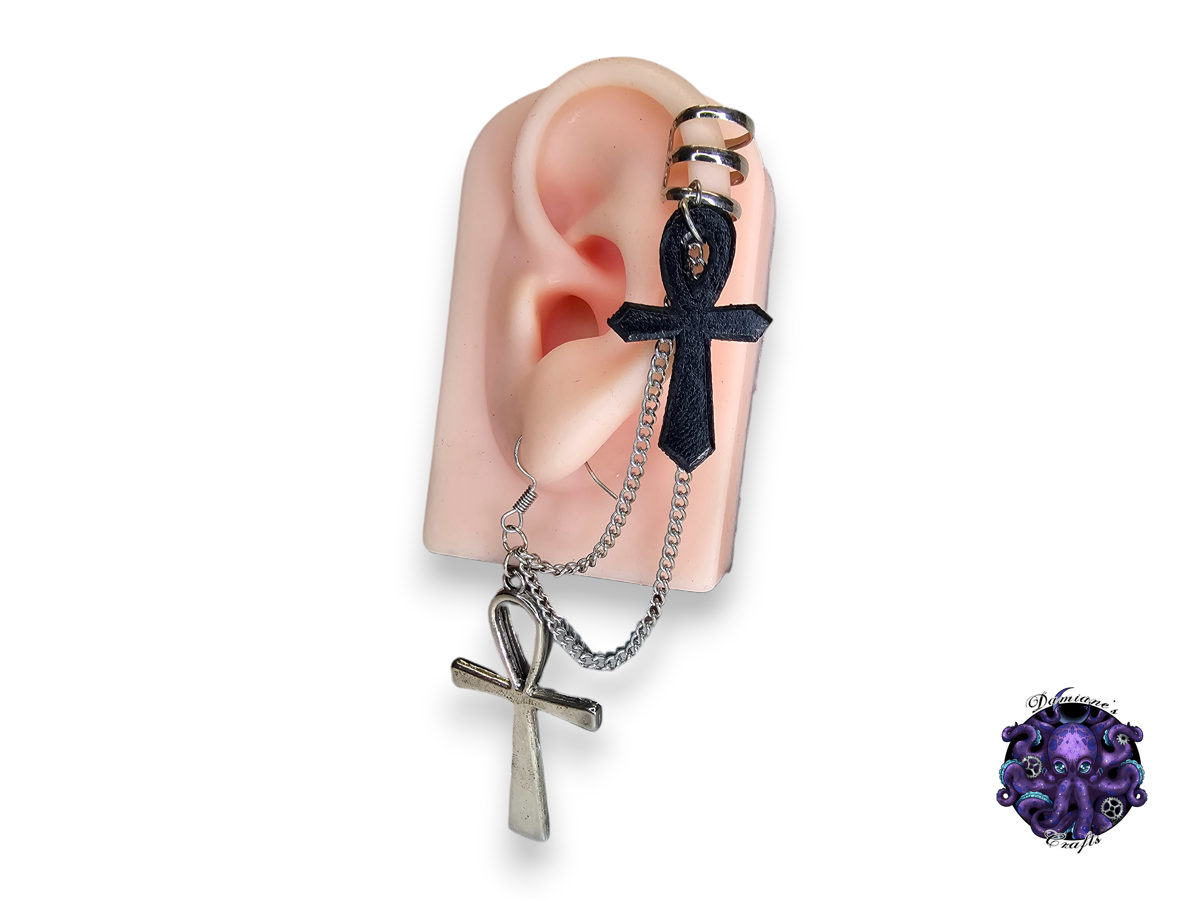 Earring, Real leather, Cuff, hook, Unique, Solo, Ankh, Egyptian, Halloween, Gothic, black, magic, witch, wicca, dark, vampire