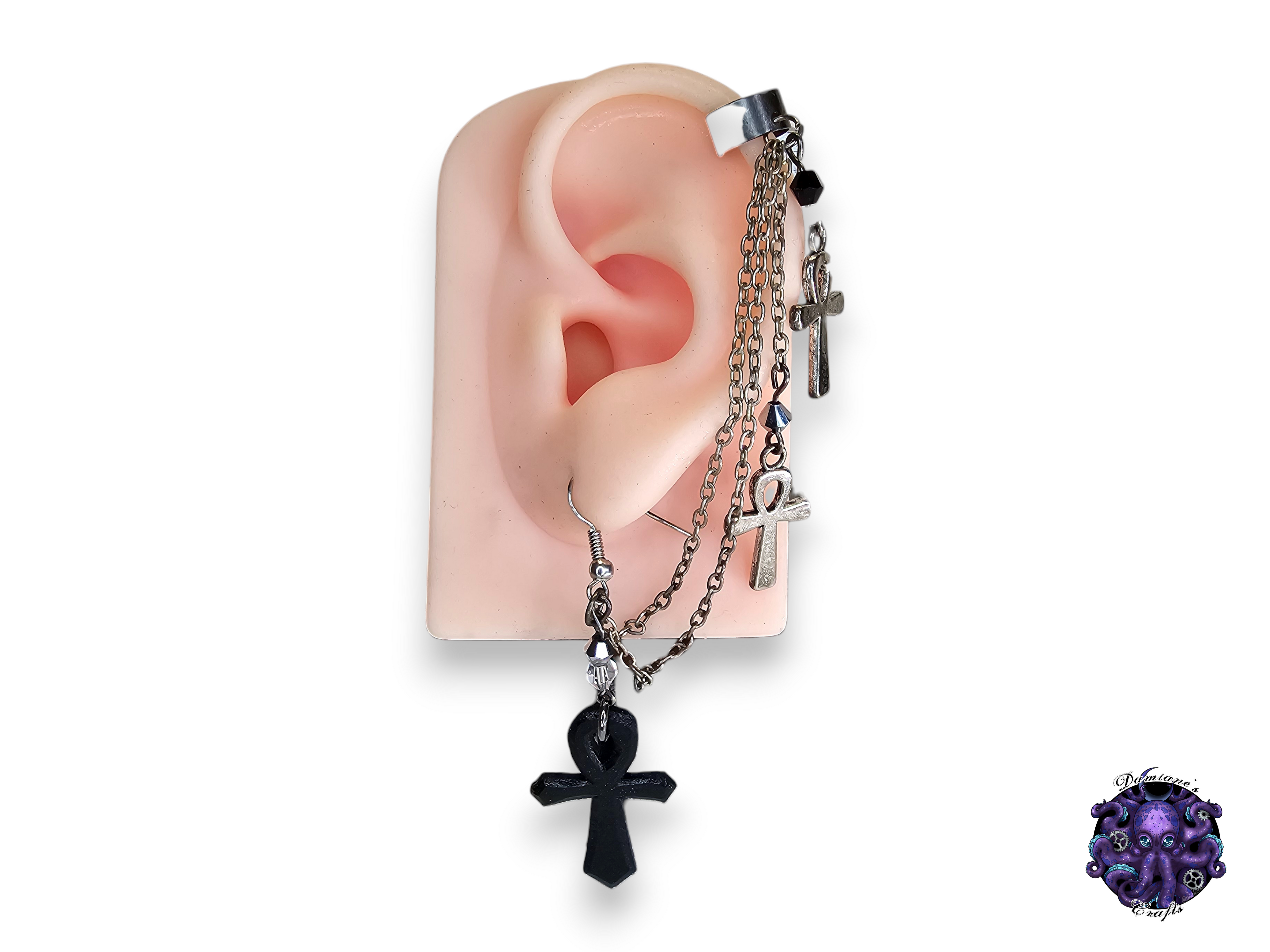 Earring, Real leather, Cuff, hook, Unique, Solo, Ankh, Egyptian, Halloween, Gothic, black, magic, witch, wicca, dark, vampire