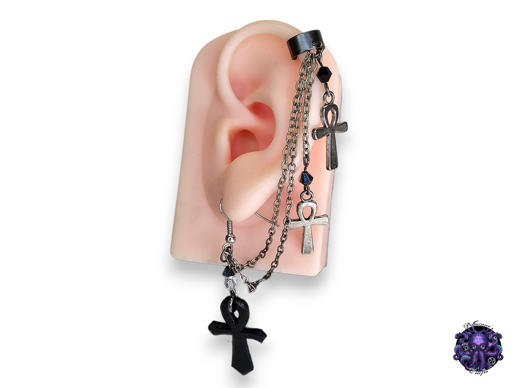 Boucle d'oreille, cuir véritable, manchette, crochet, unique, solo, ankh, égyptienne, Halloween, gothique, noire, magie, sorcière, wicca, sombre, vampire