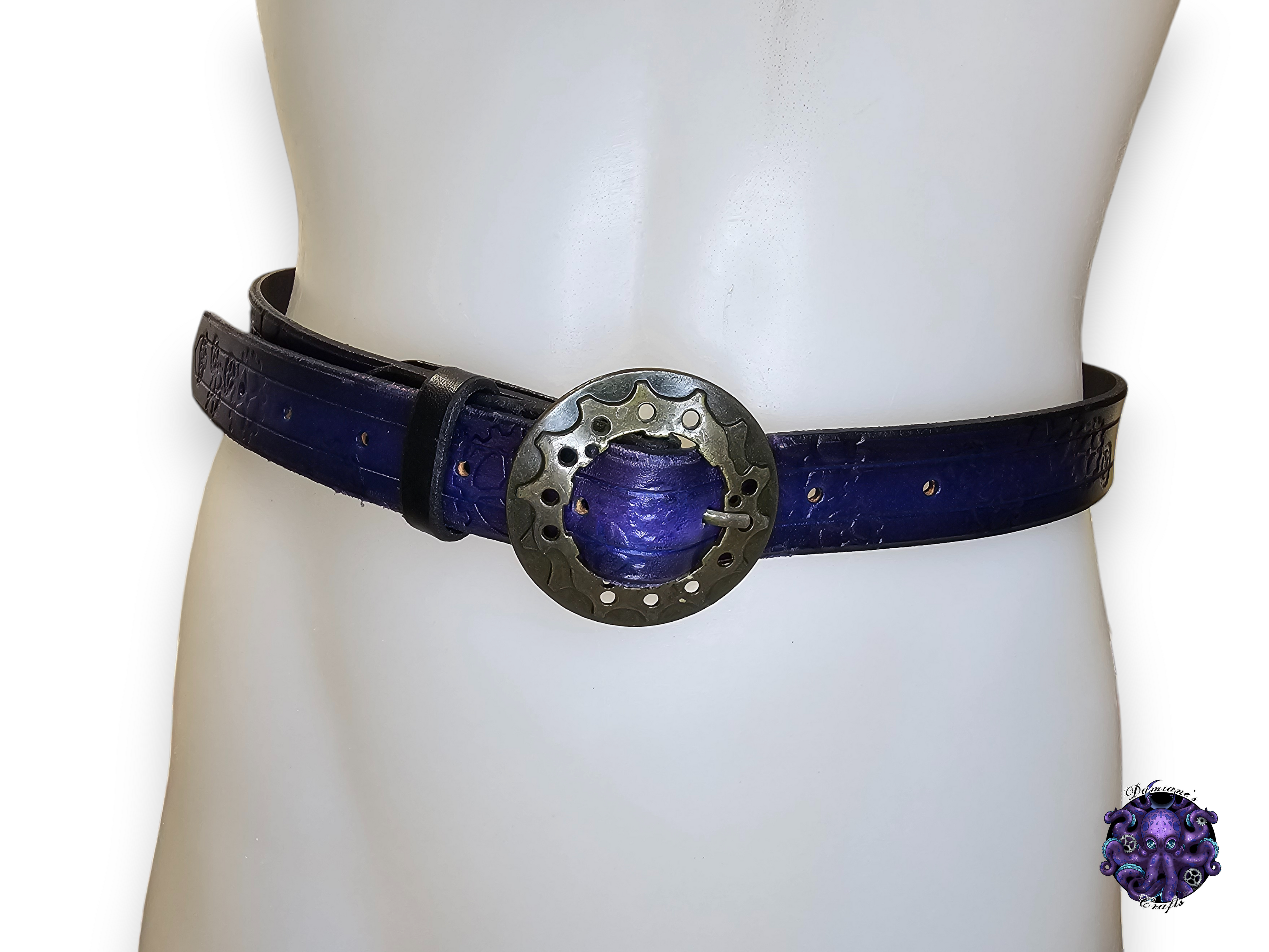 Cuir véritable, ceinture, engrenages, pieuvre, tentacule, steampunk, pirate, costume, cosplay, GN, Halloween, violet