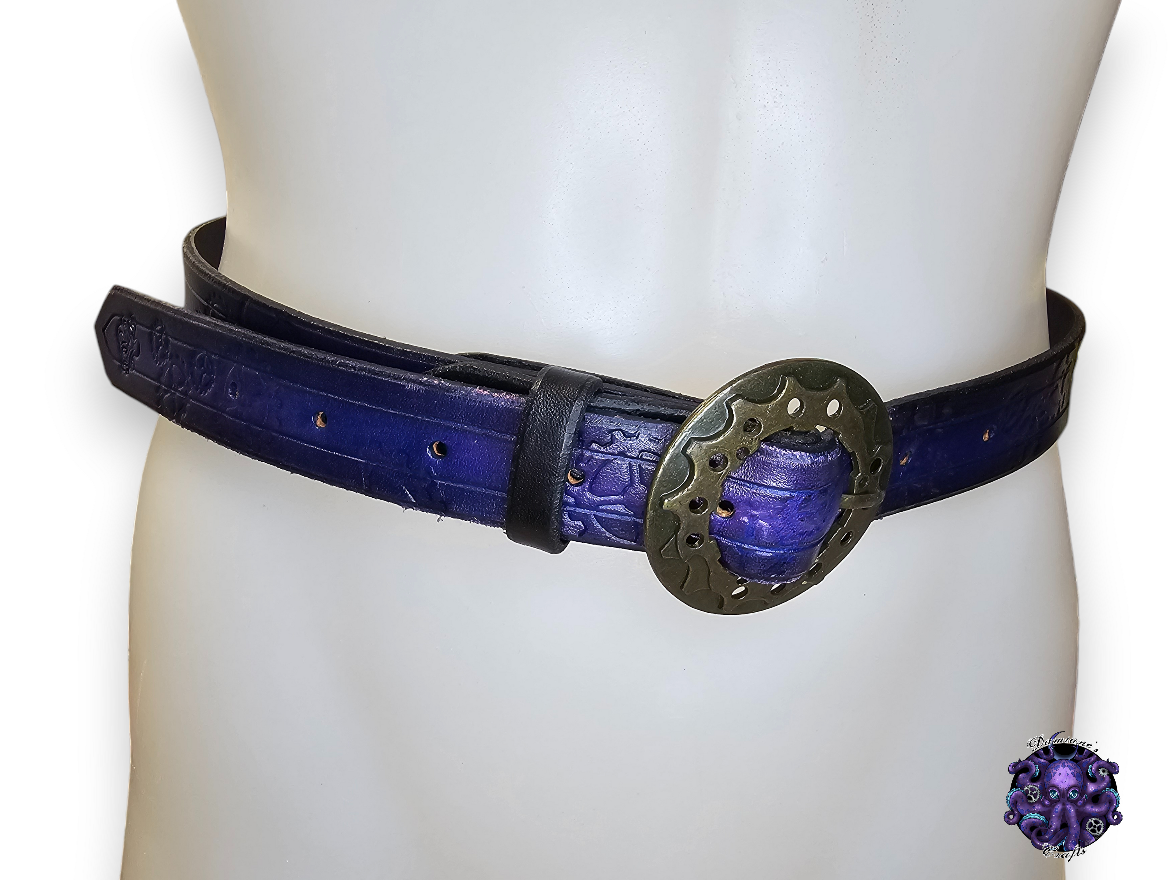 Cuir véritable, ceinture, engrenages, pieuvre, tentacule, steampunk, pirate, costume, cosplay, GN, Halloween, violet