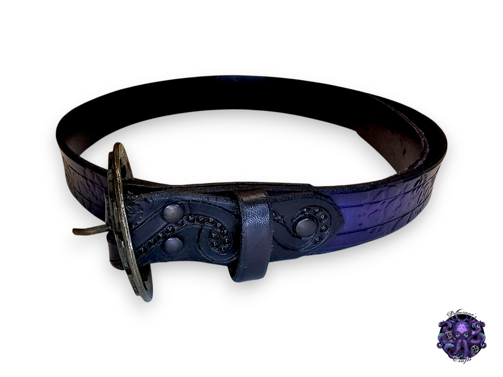 Cuir véritable, ceinture, engrenages, pieuvre, tentacule, steampunk, pirate, costume, cosplay, GN, Halloween, violet