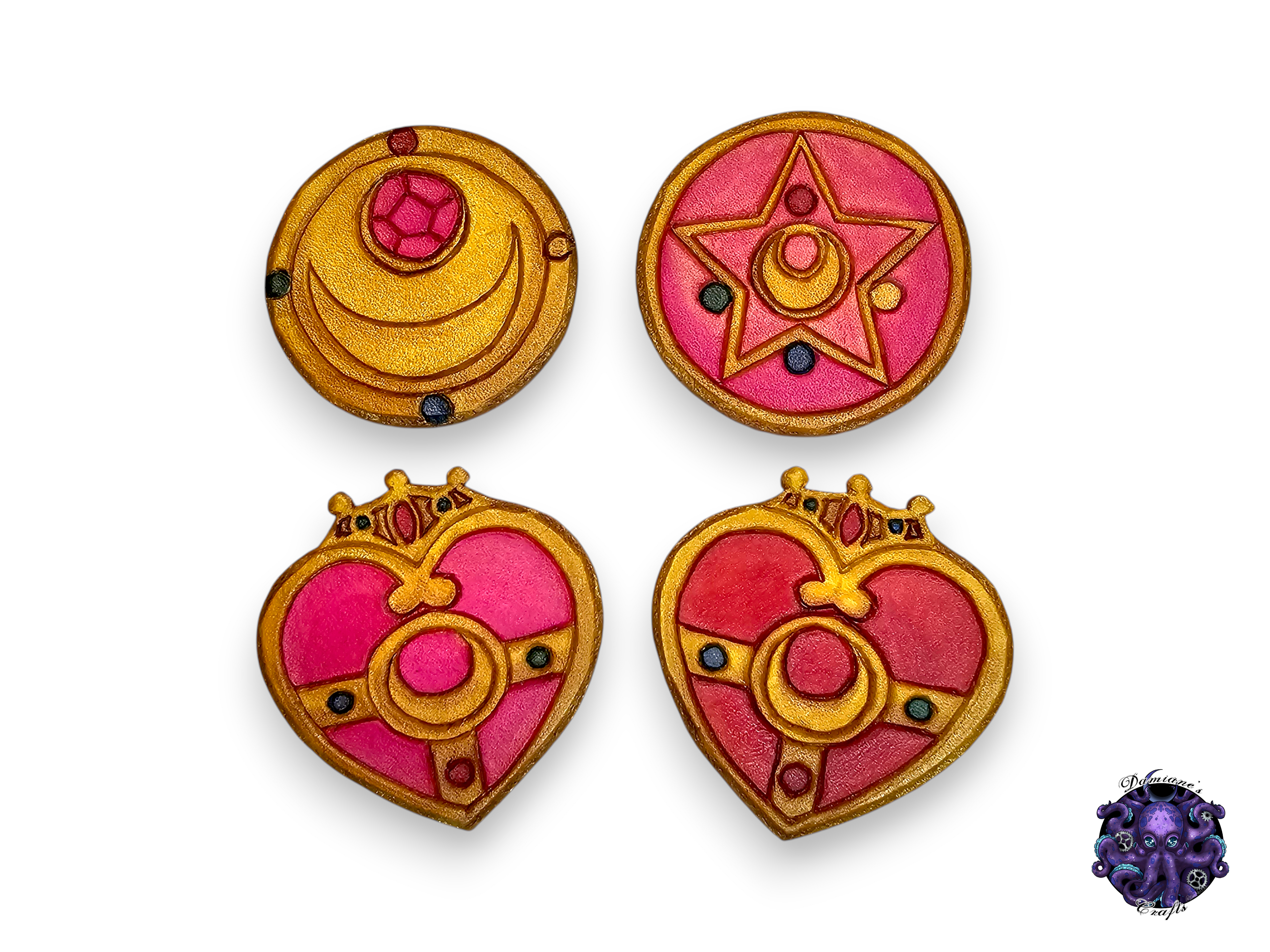 Real leather, brooch, pin, heart, crystal, star, moon, anime, cosplay, gold, pink, red