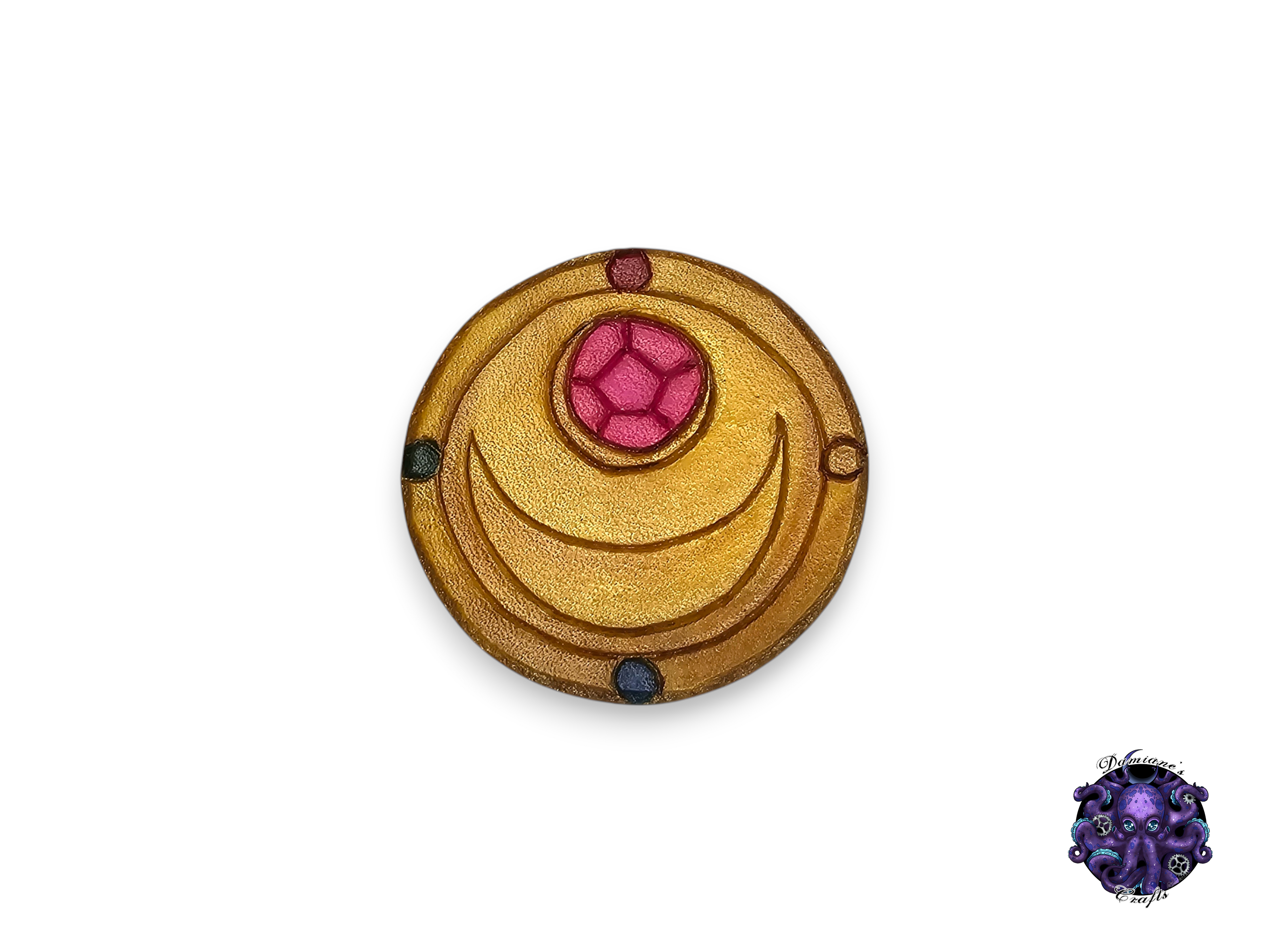 Real leather, brooch, pin, heart, crystal, star, moon, anime, cosplay, gold, pink, red