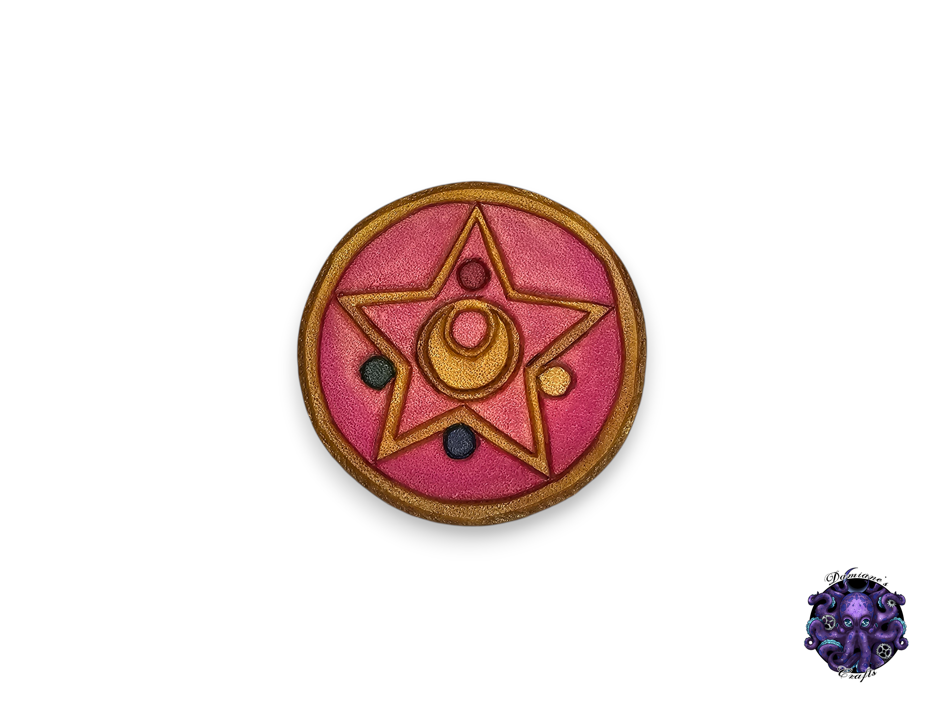 Real leather, brooch, pin, heart, crystal, star, moon, anime, cosplay, gold, pink, red