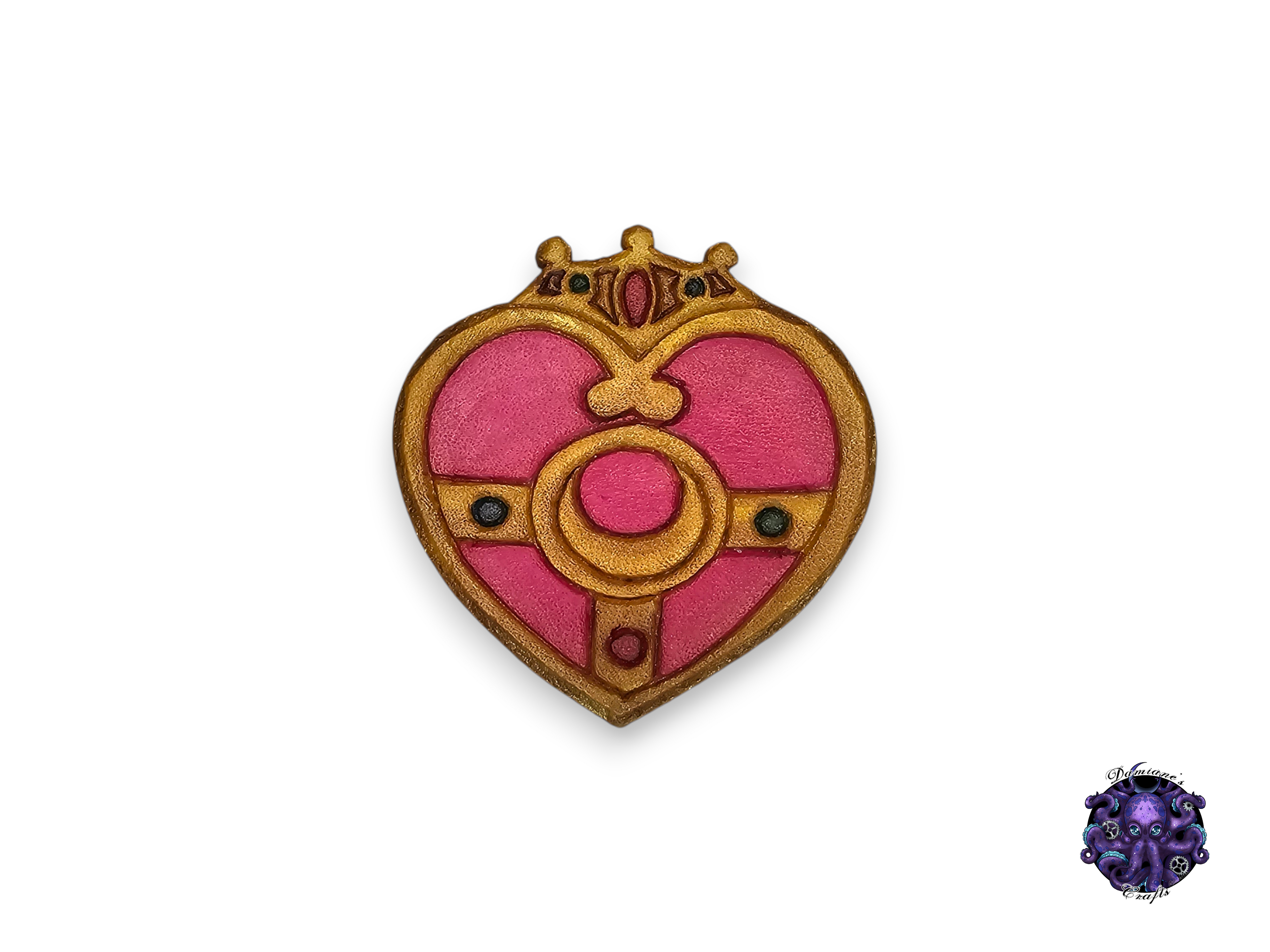Real leather, brooch, pin, heart, crystal, star, moon, anime, cosplay, gold, pink, red