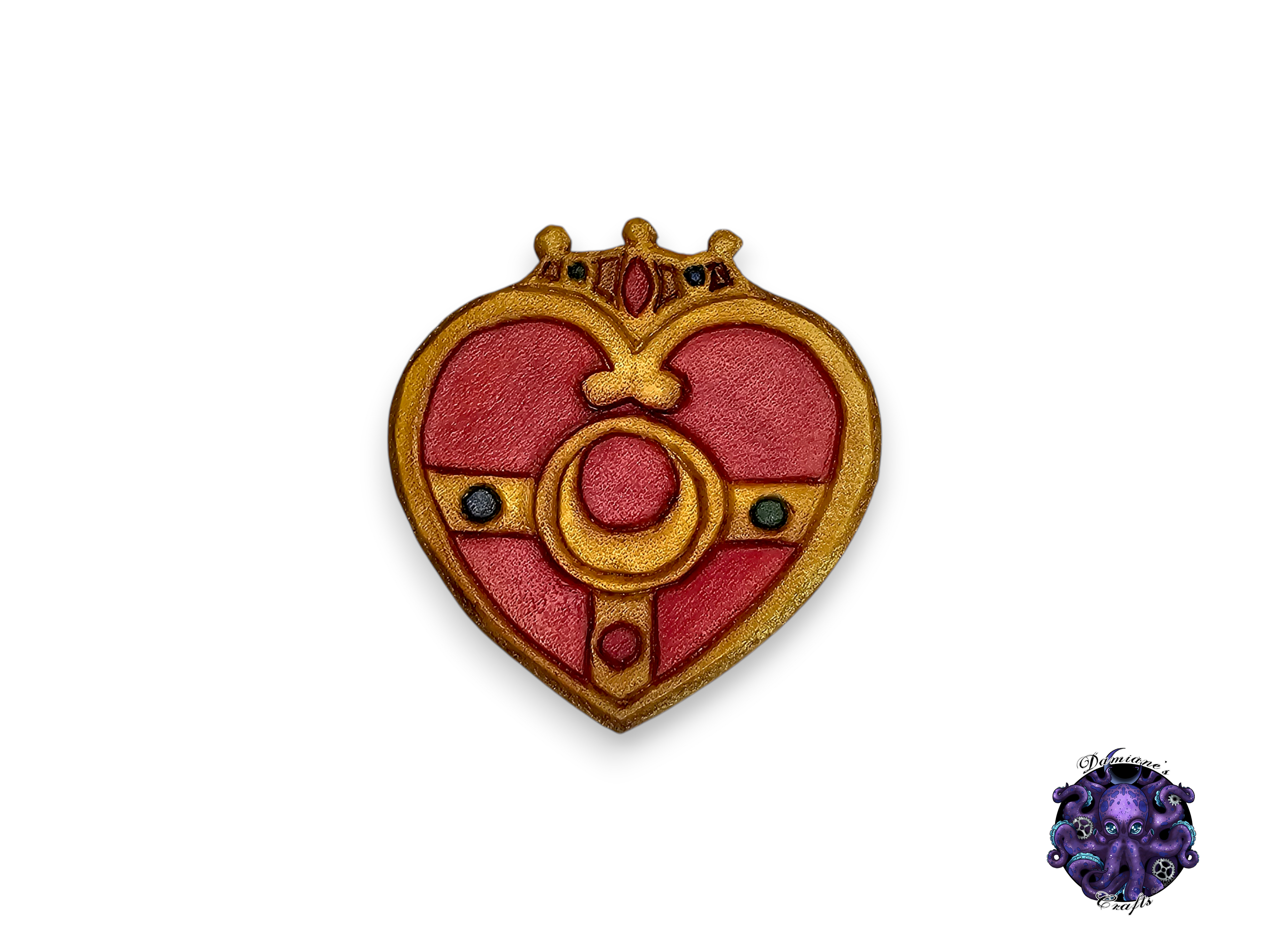 Real leather, brooch, pin, heart, crystal, star, moon, anime, cosplay, gold, pink, red