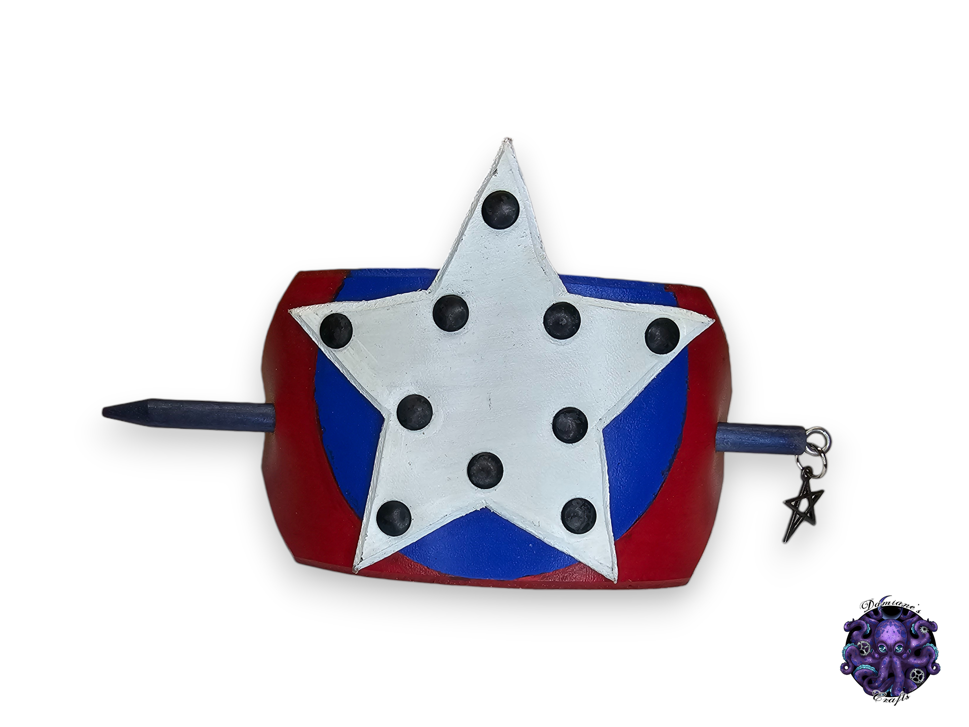 Real leather, Hair pin, wood stick, Star, shield, movie, cosplay, blue, red, white