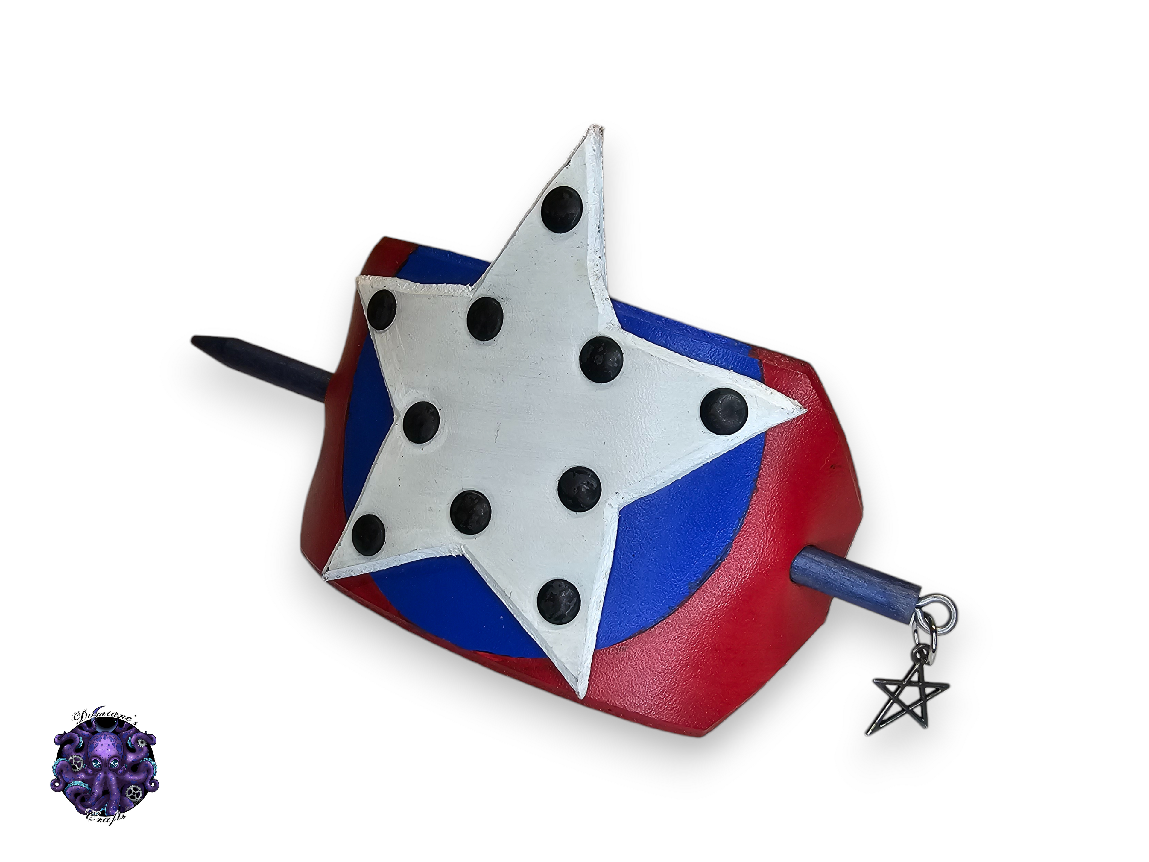 Real leather, Hair pin, wood stick, Star, shield, movie, cosplay, blue, red, white