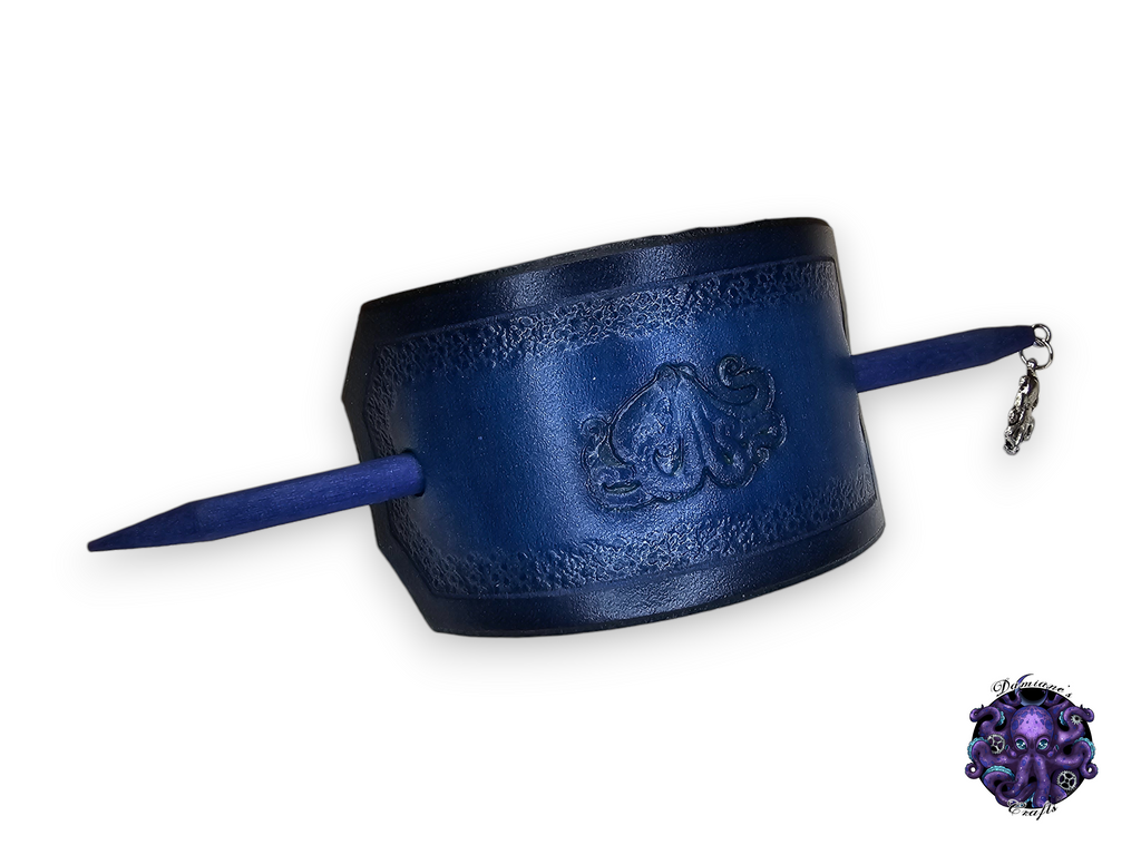 Real leather, Hair pin, wood stick, Octopus, embossed bubble, blue, medieval, steampunk, larp, steampunk