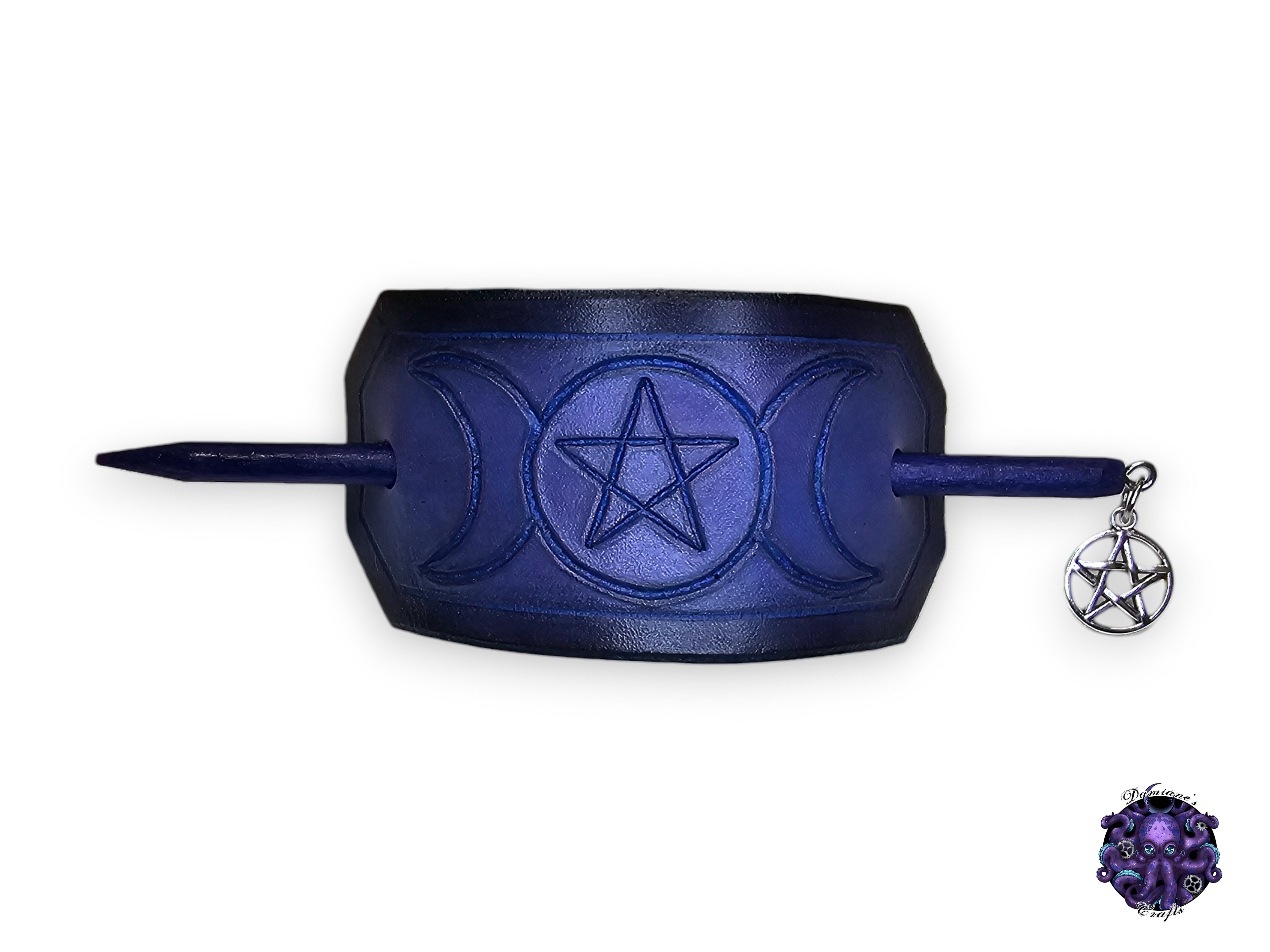 Real leather, Hair pin, wood stick, Moon phases, pentagram, pentacle, witch, witchy, magic, symbol, goddess, wicca, wiccan, purple