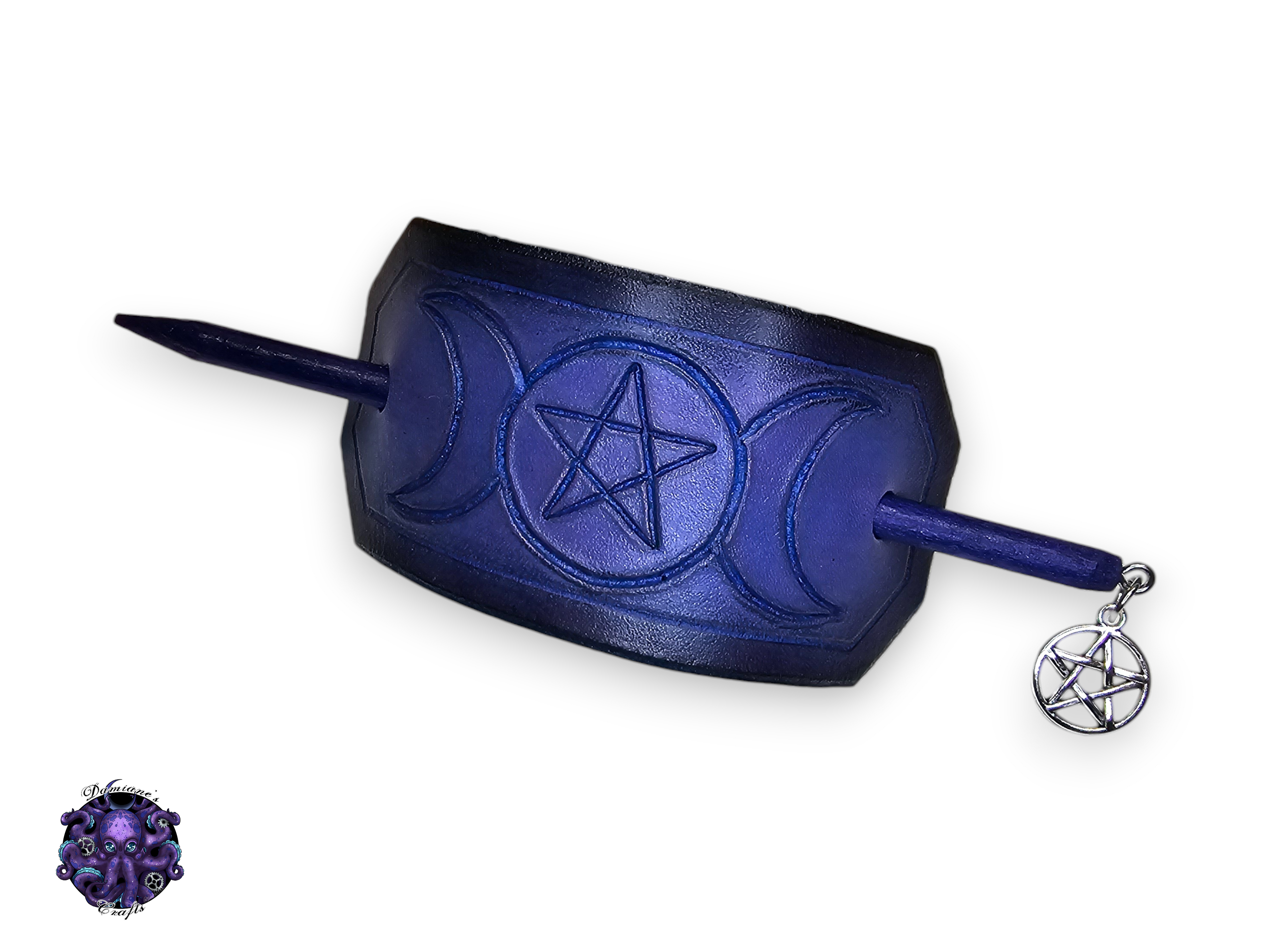 Real leather, Hair pin, wood stick, Moon phases, pentagram, pentacle, witch, witchy, magic, symbol, goddess, wicca, wiccan, purple