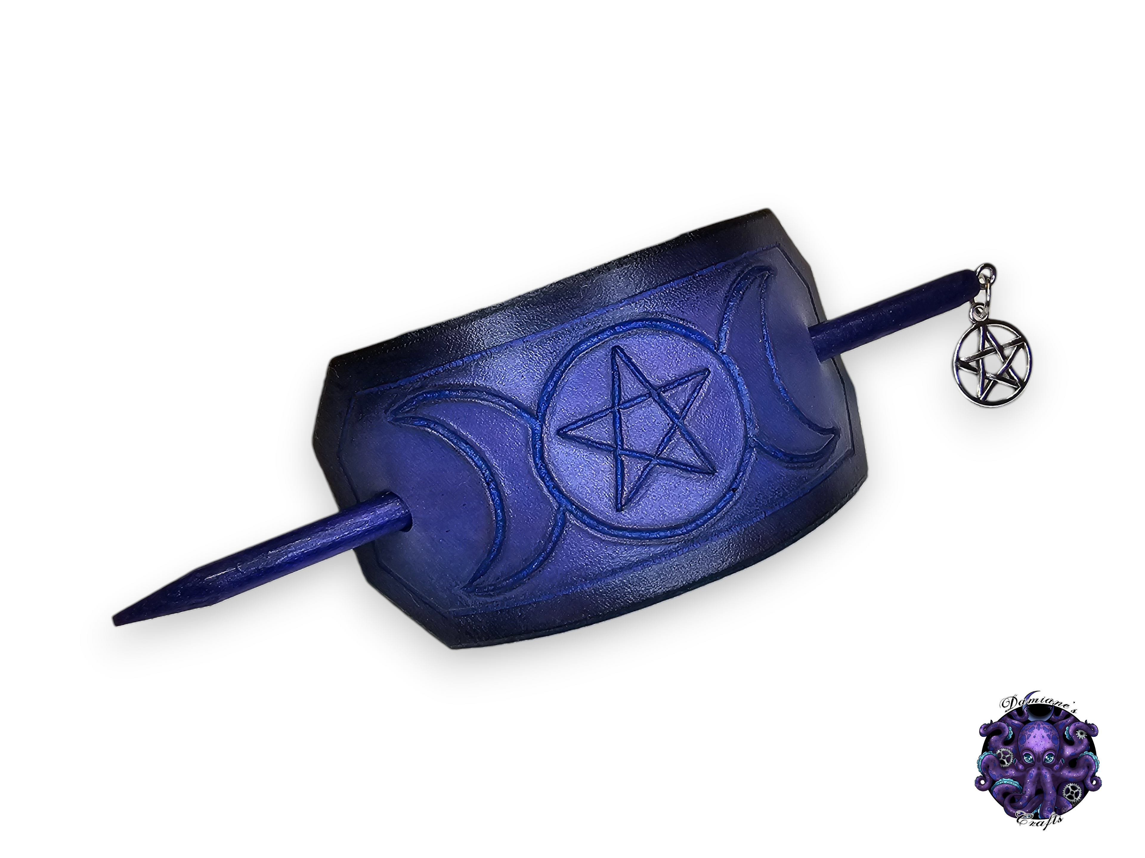 Real leather, Hair pin, wood stick, Moon phases, pentagram, pentacle, witch, witchy, magic, symbol, goddess, wicca, wiccan, purple