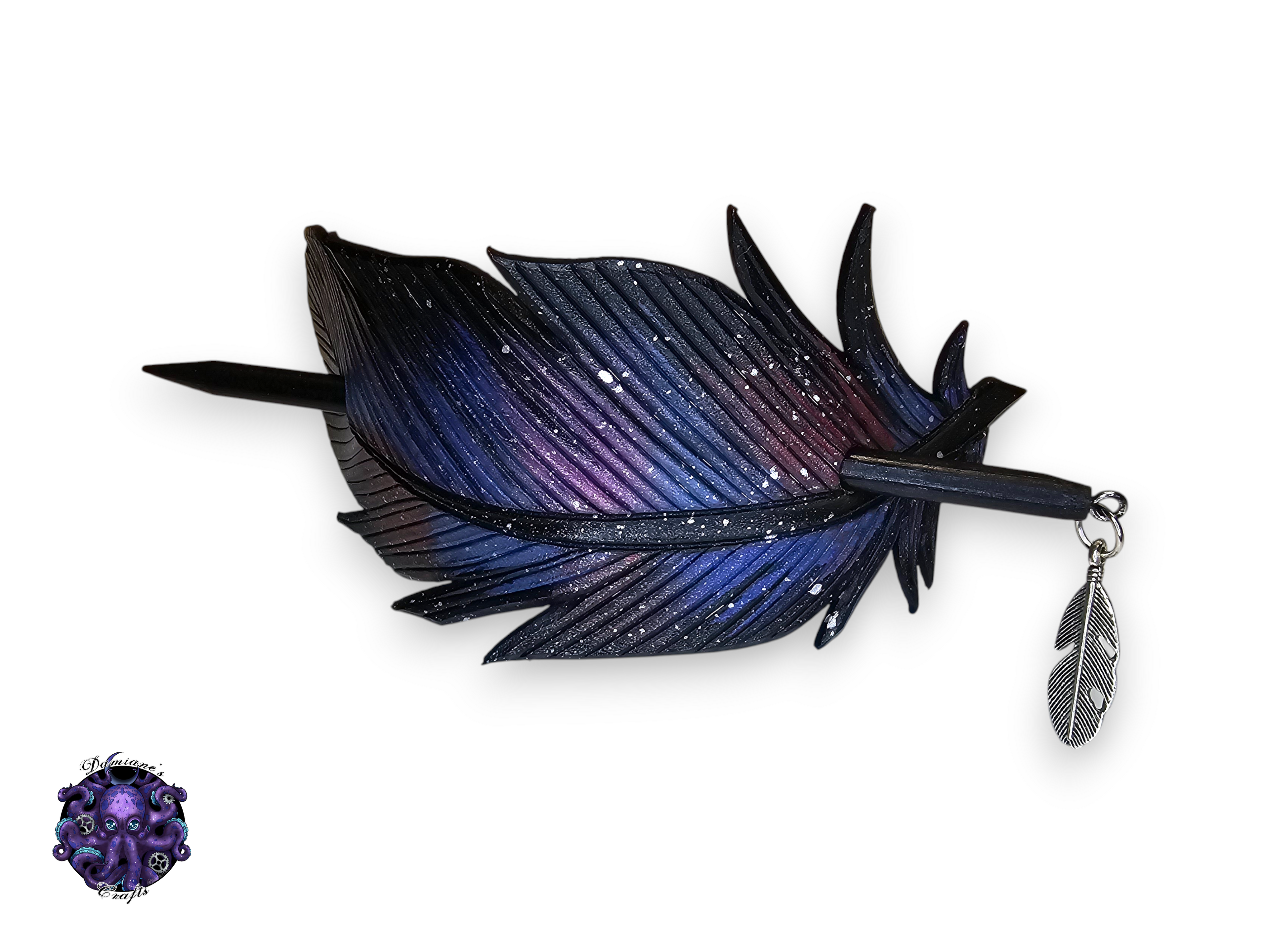 Real leather, Hair pin, wood stick, Crow, Raven, Feather, Nebula