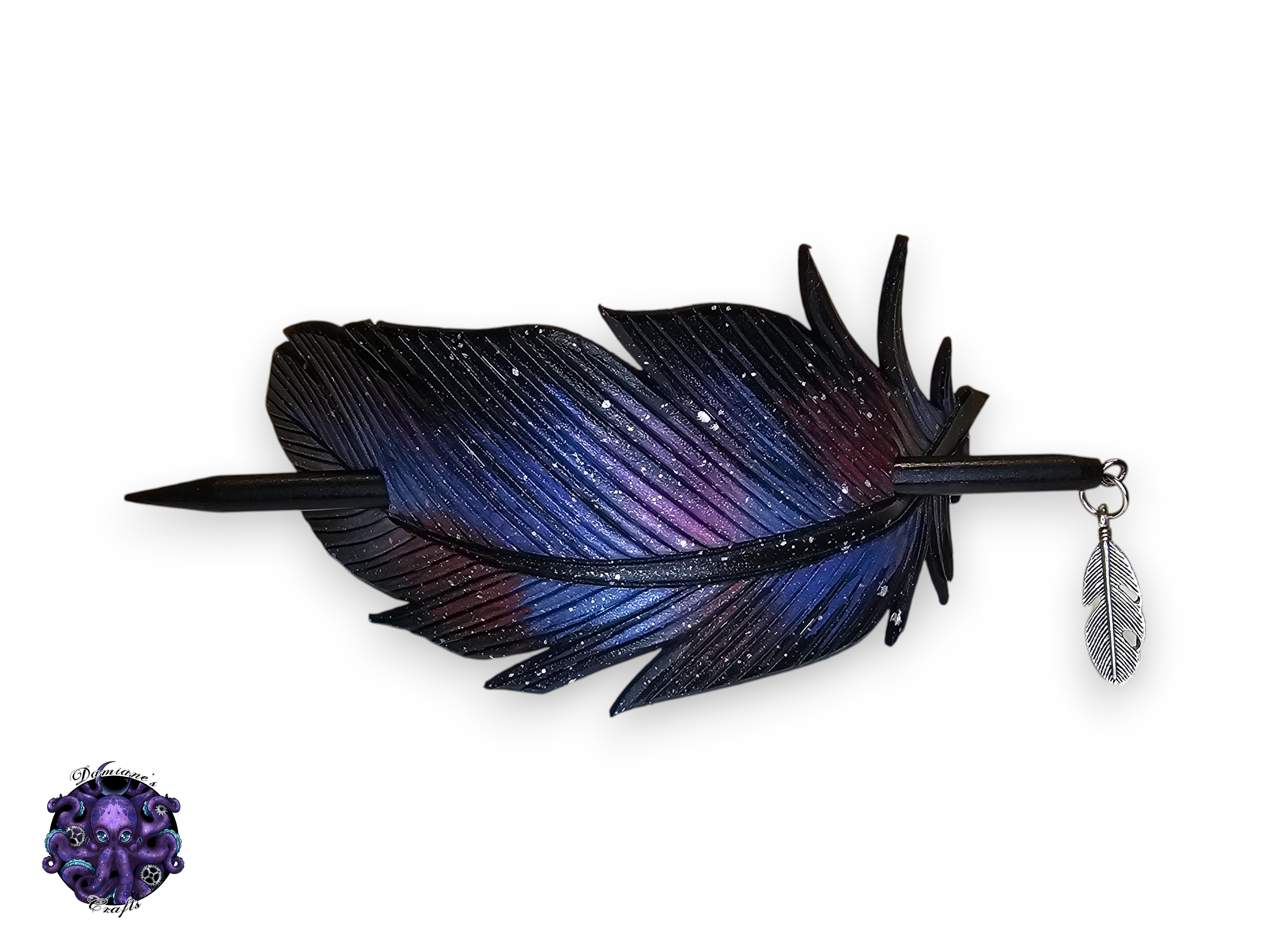 Real leather, Hair pin, wood stick, Crow, Raven, Feather, Nebula