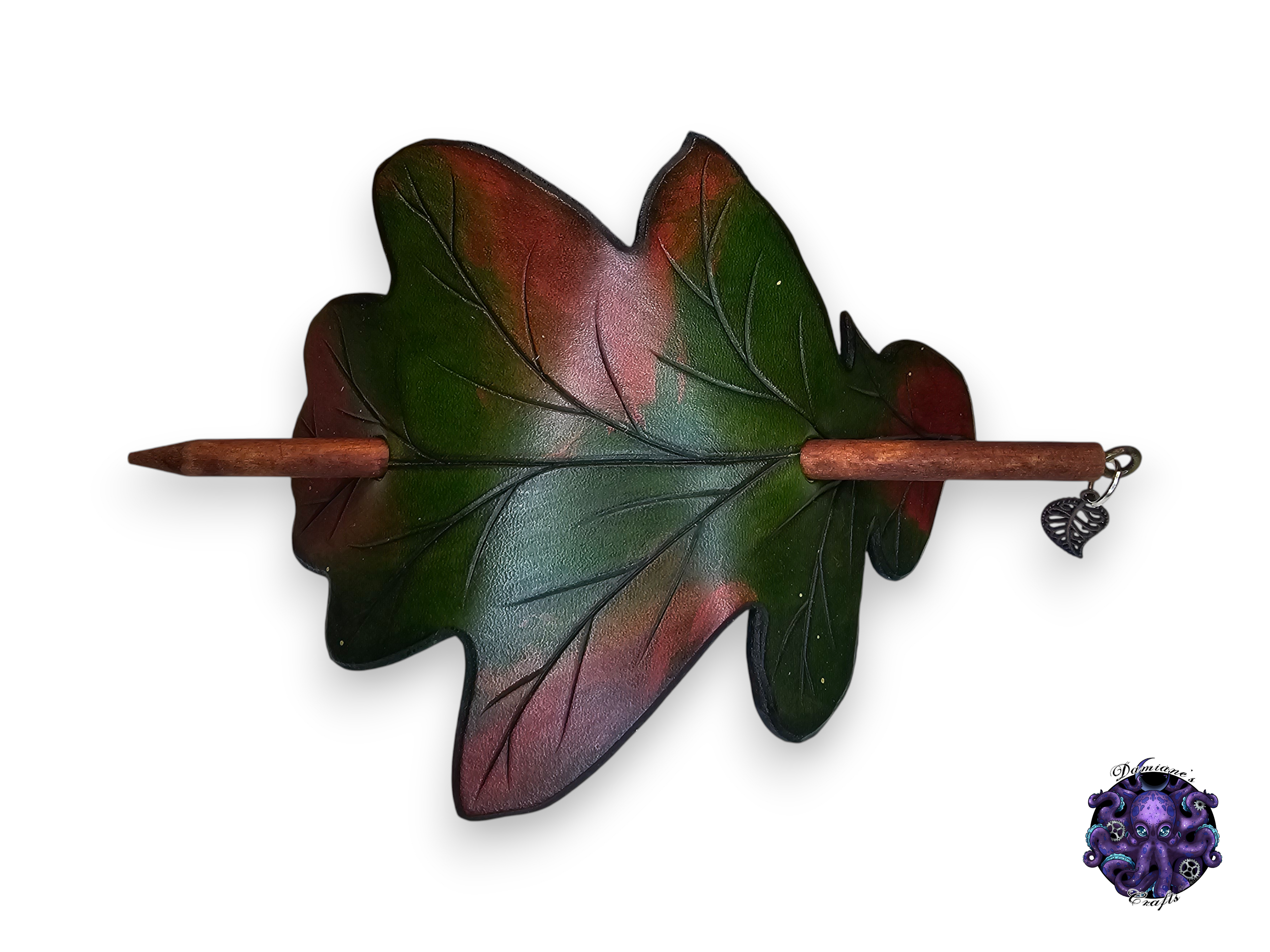 Real leather, Hair pin, wood stick, Oak leaf, rounded edges, fall, autumn, nature, elf, elvish, cottagecore, fairycore
