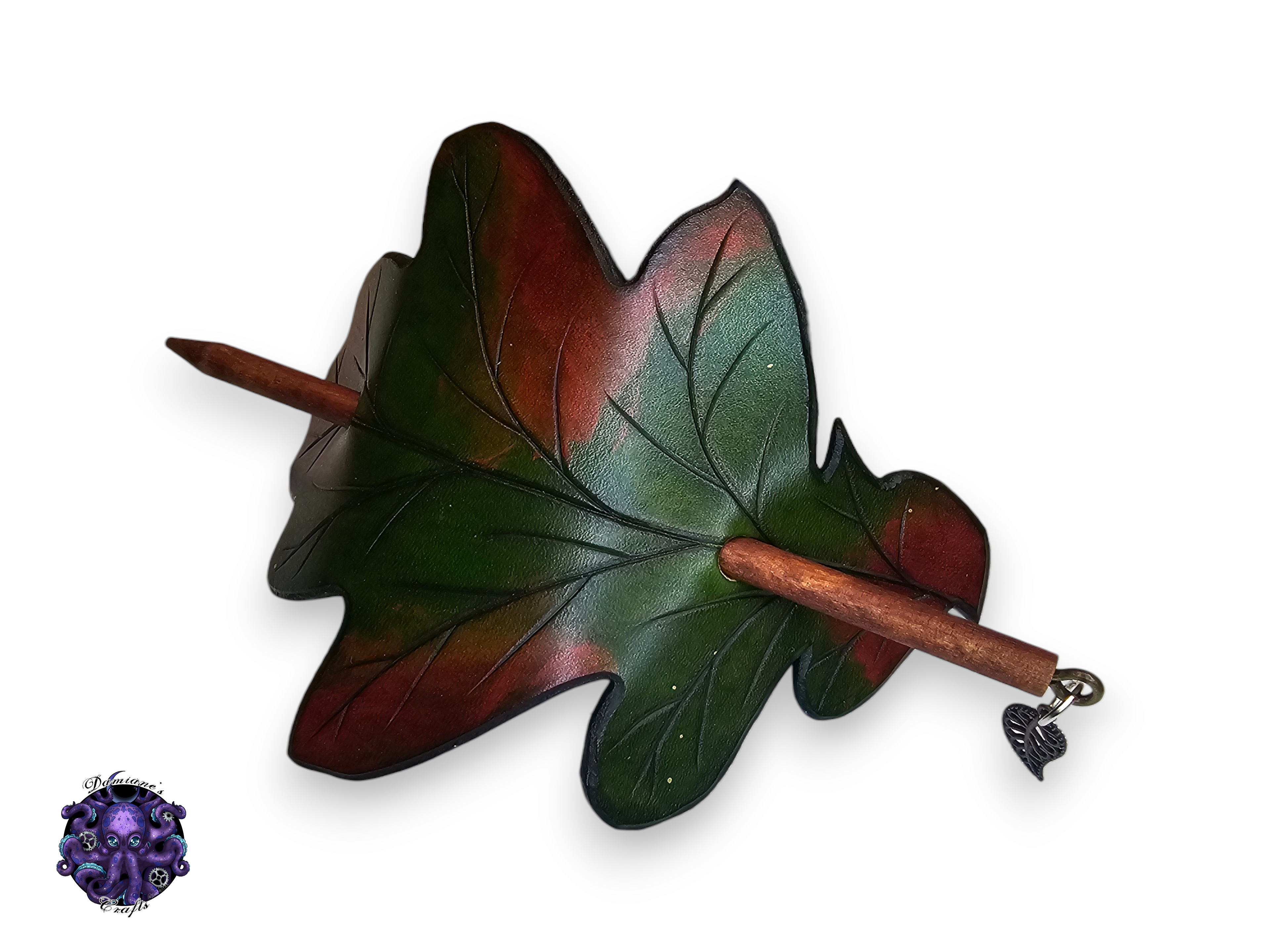Real leather, Hair pin, wood stick, Oak leaf, rounded edges, fall, autumn, nature, elf, elvish, cottagecore, fairycore