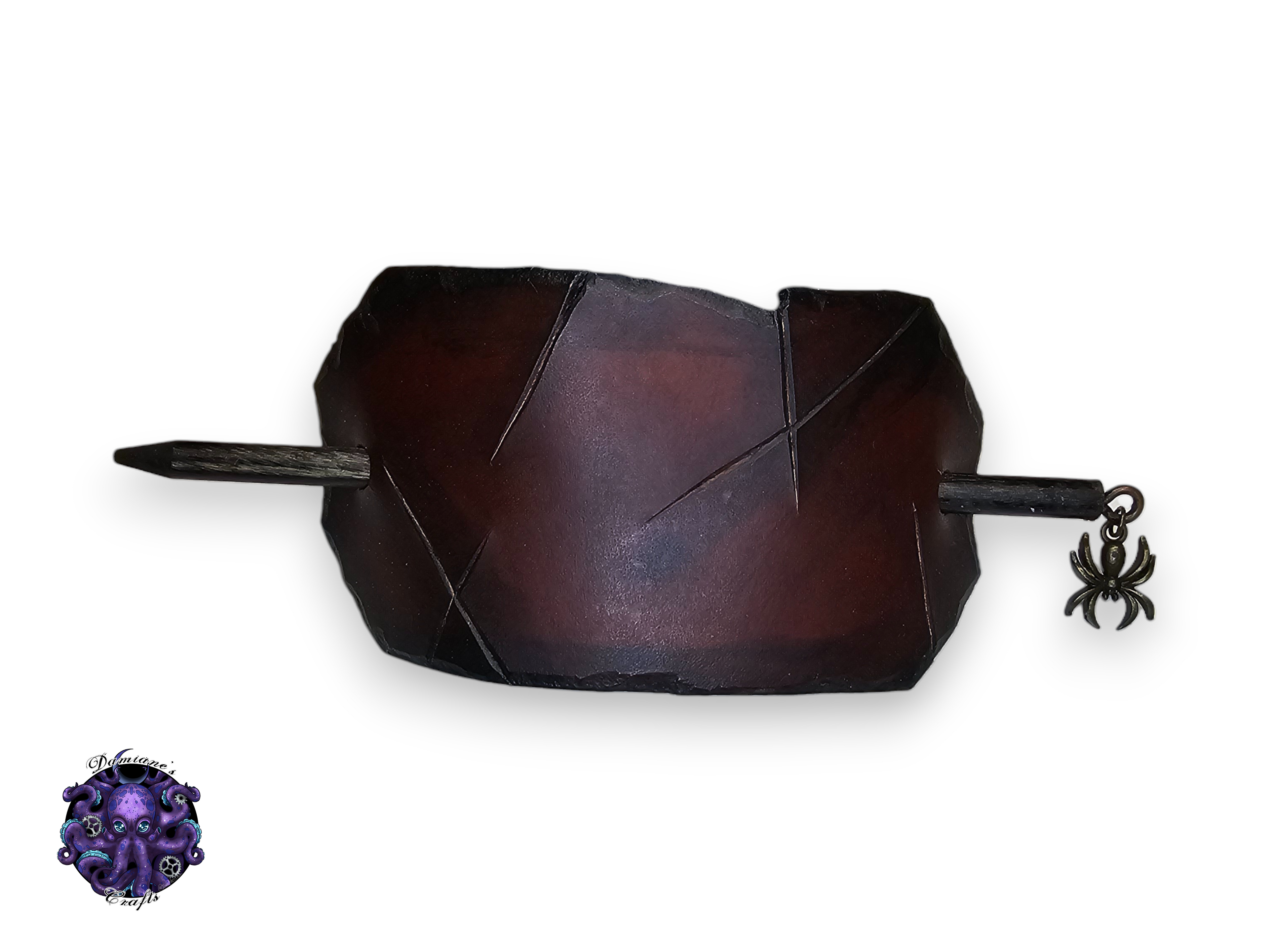 Real leather, Hair pin, wood stick, simple, battleworn, medieval, steampunk, larp, post-apocalyptic, Brown