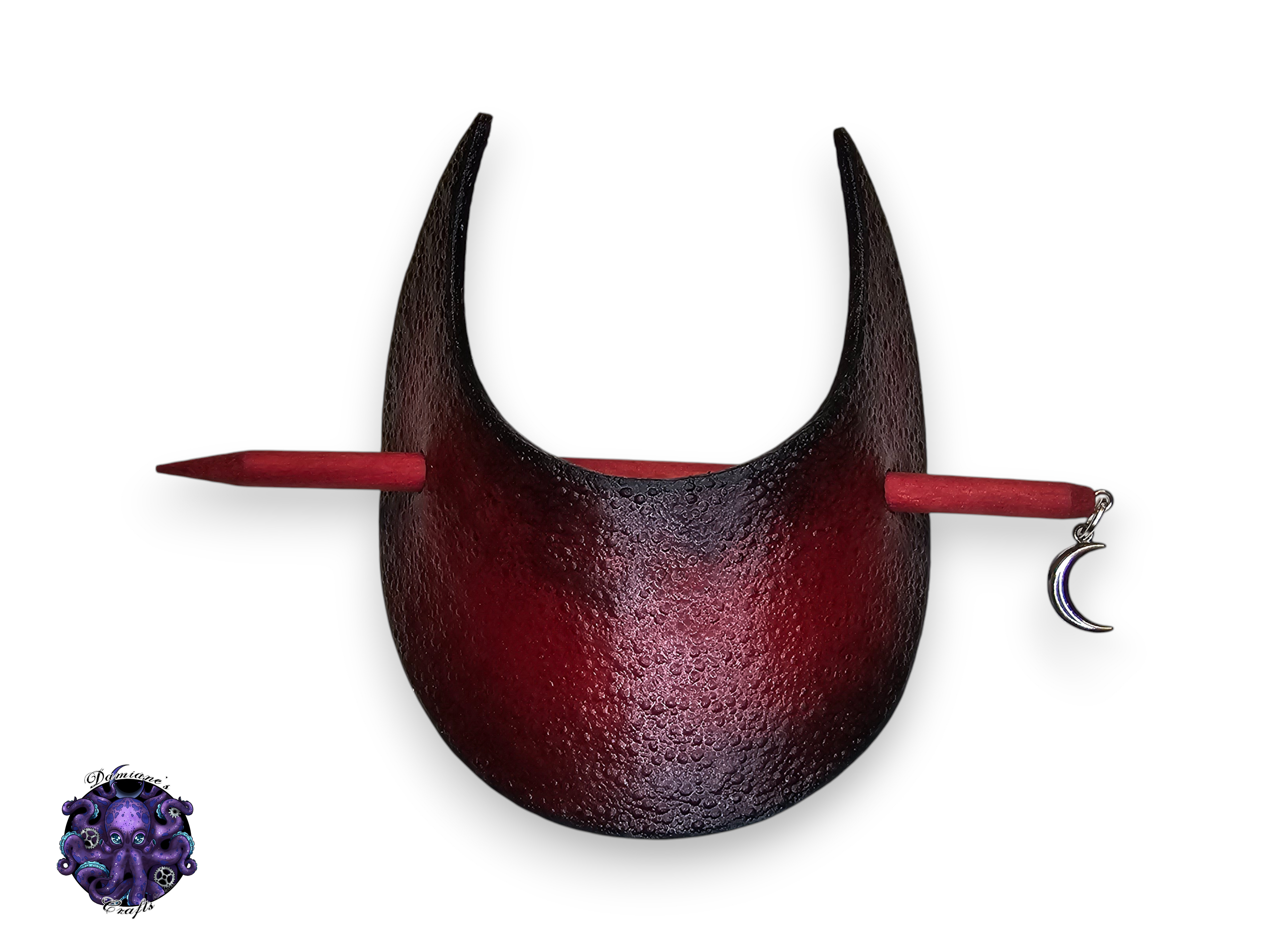 Real leather, Hair pin, wood stick, Crescent moon, embossed bubble, red, medieval, witch, witchy