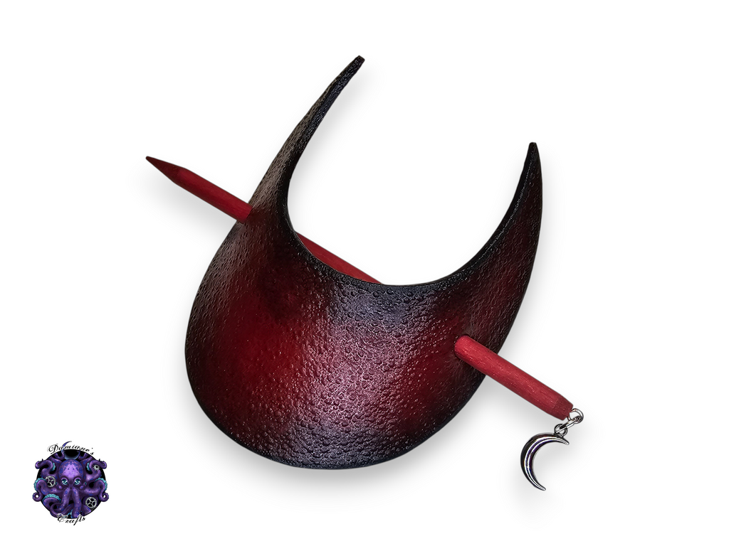Real leather, Hair pin, wood stick, Crescent moon, embossed bubble, red, medieval, witch, witchy