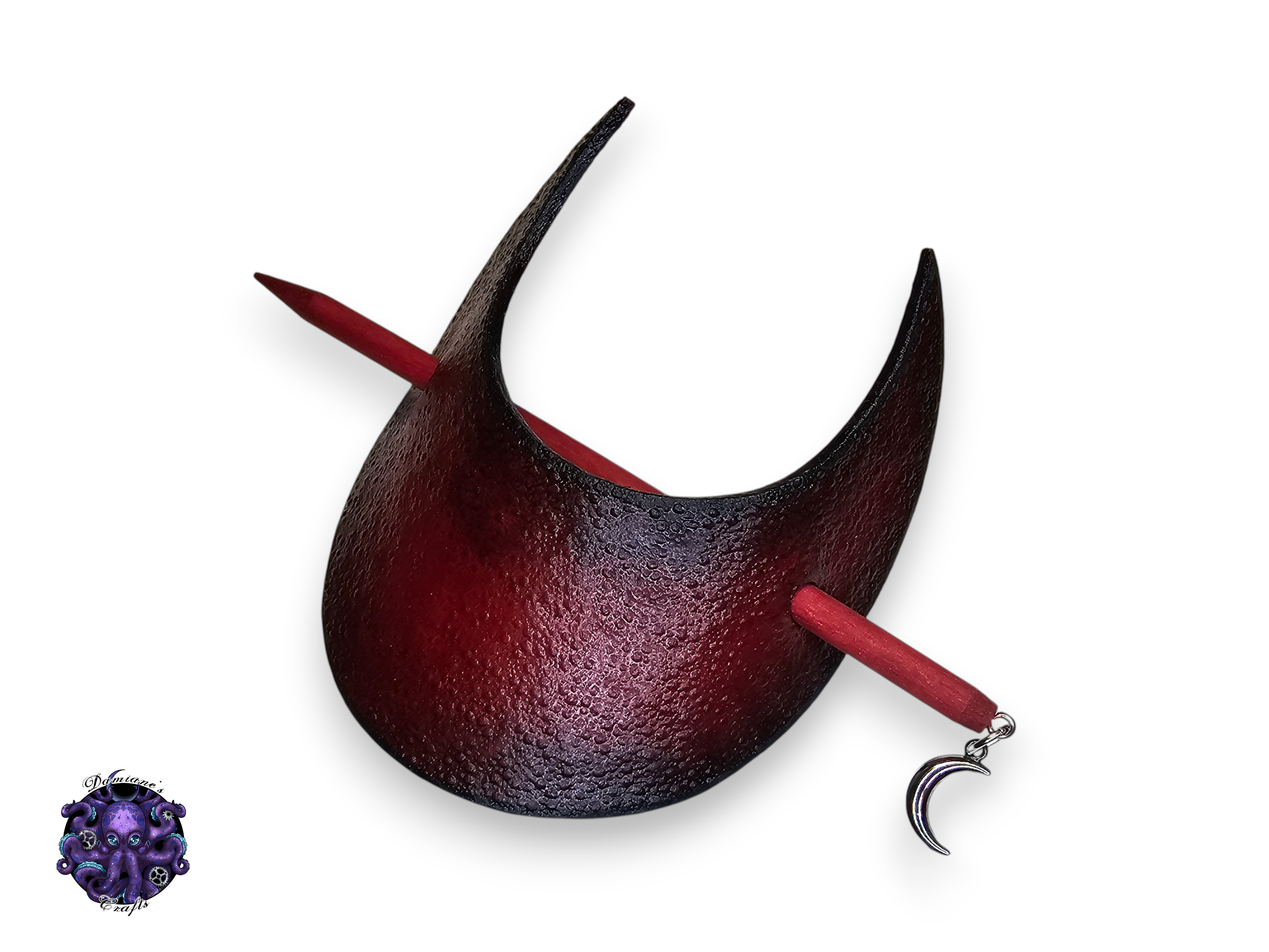 Real leather, Hair pin, wood stick, Crescent moon, embossed bubble, red, medieval, witch, witchy