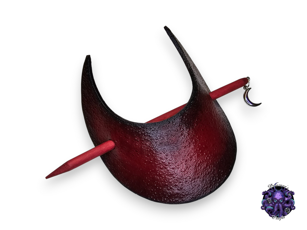 Real leather, Hair pin, wood stick, Crescent moon, embossed bubble, red, medieval, witch, witchy