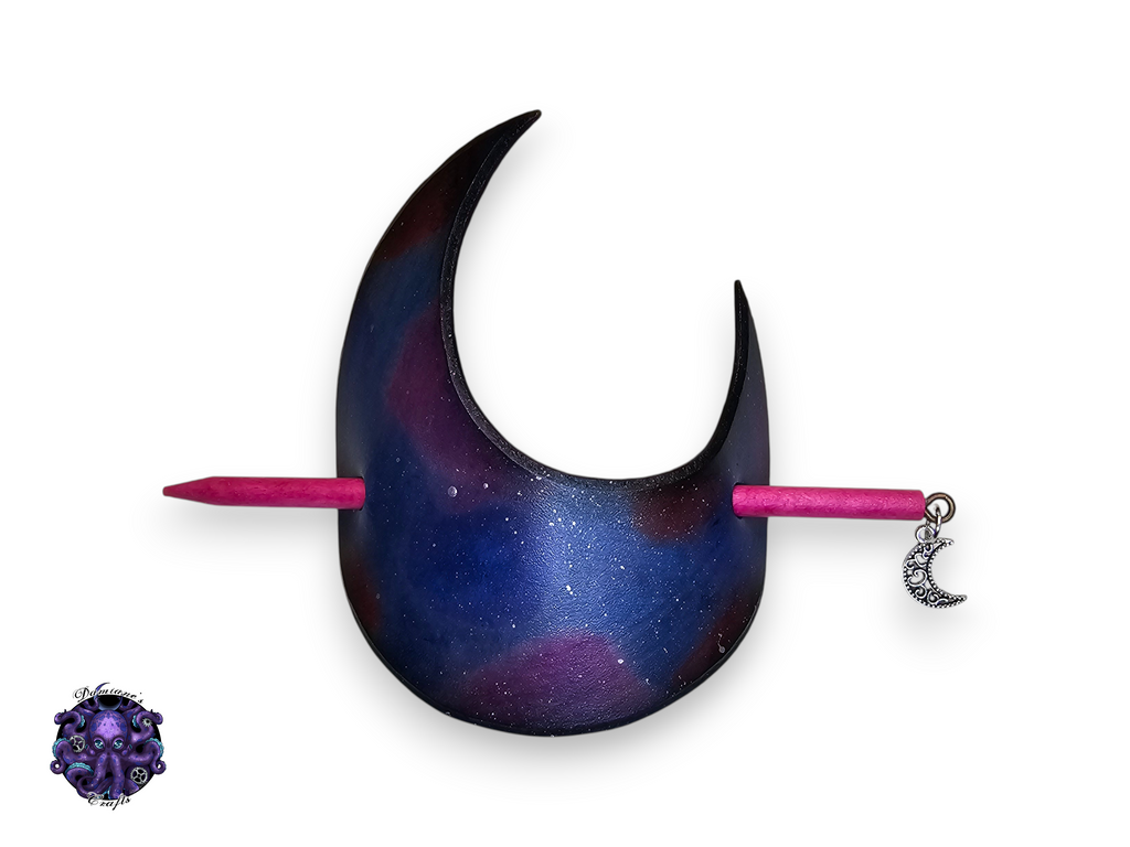 Cuero auténtico, horquilla, palo de madera, luna creciente, nebulosa, medieval, bruja, brujería