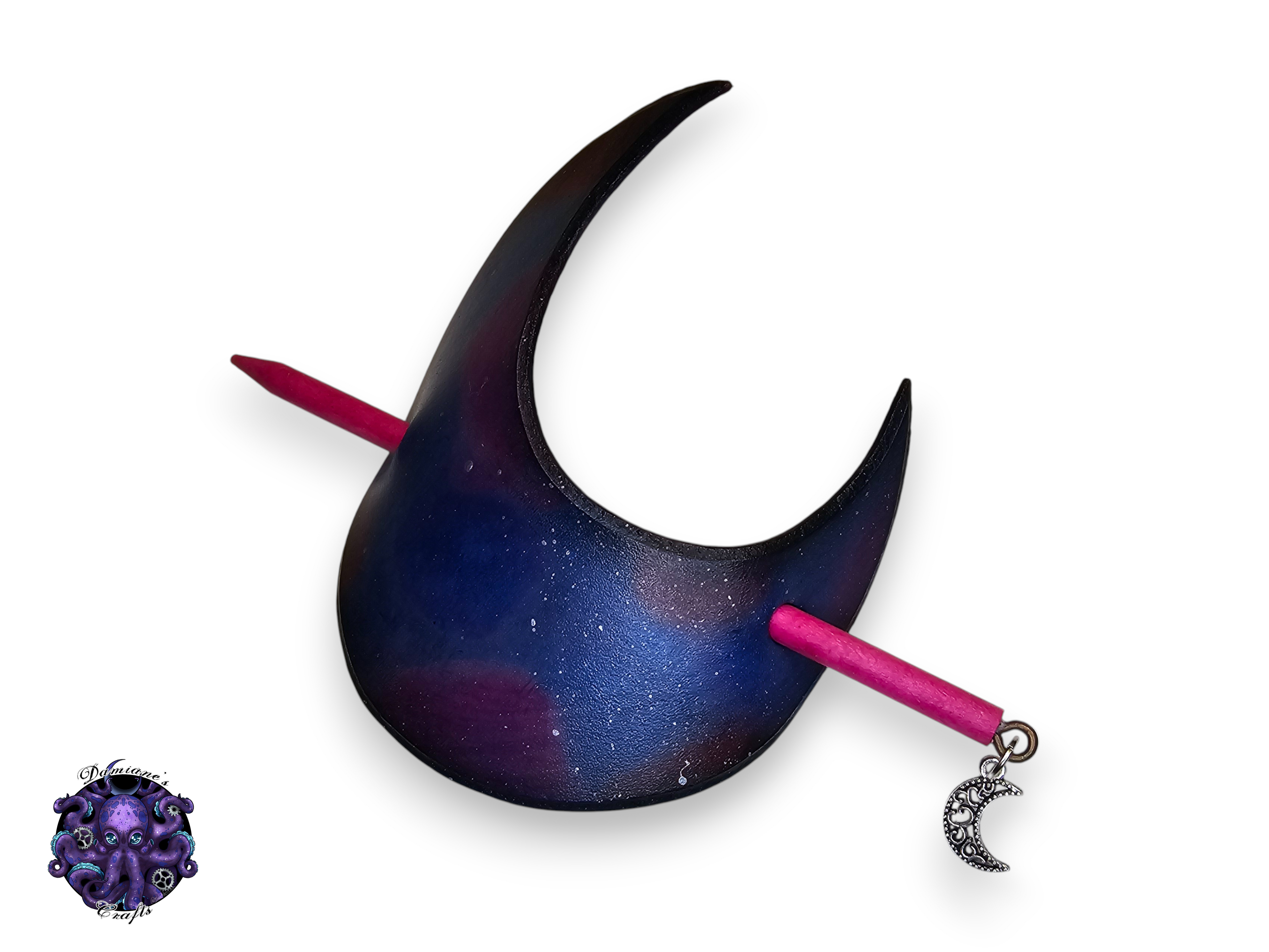 Real leather, Hair pin, wood stick, Crescent moon, Nebula, medieval, witch, witchy