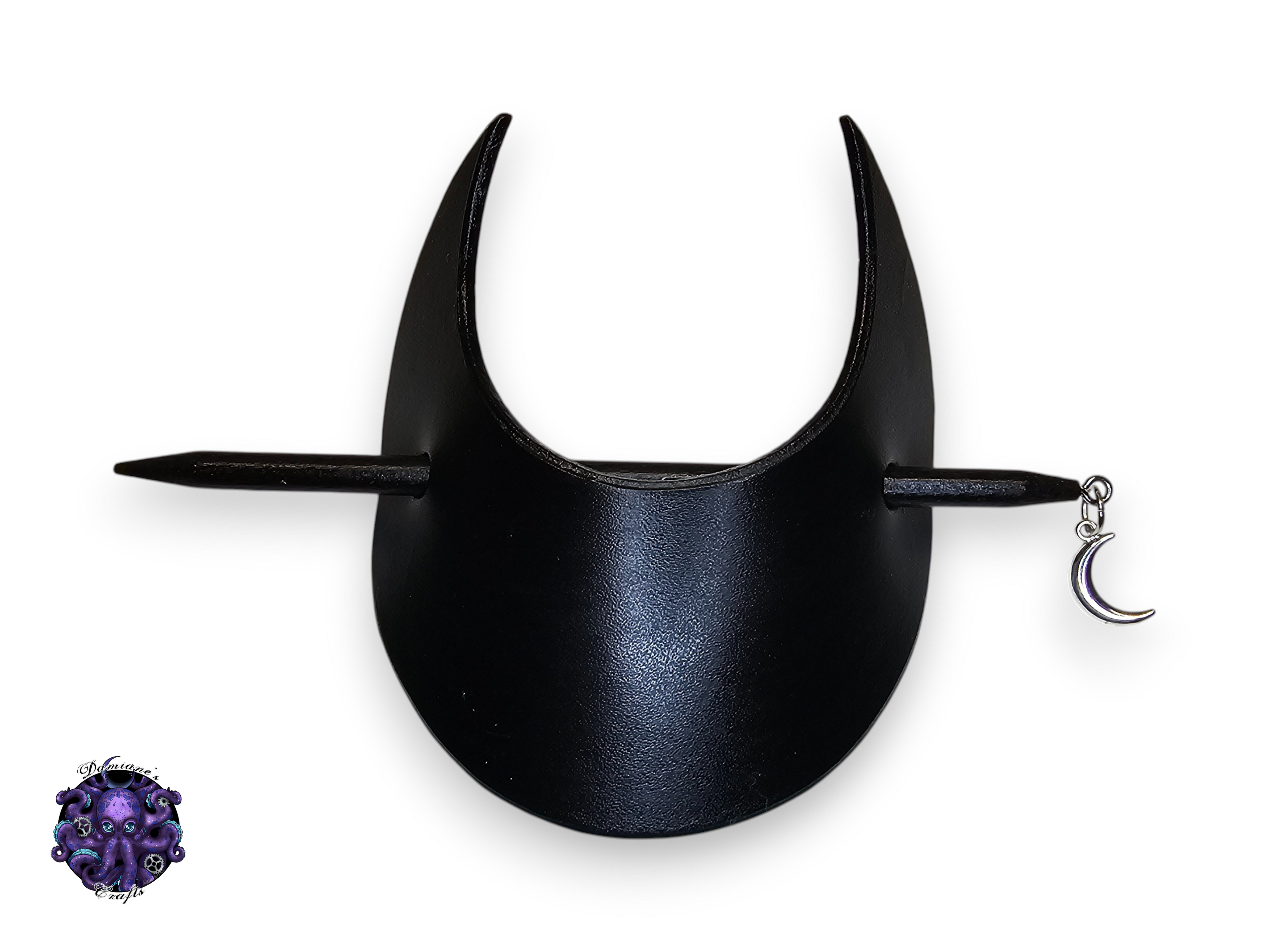 Real leather, Hair pin, wood stick, Crescent moon, medieval, witch, witchy